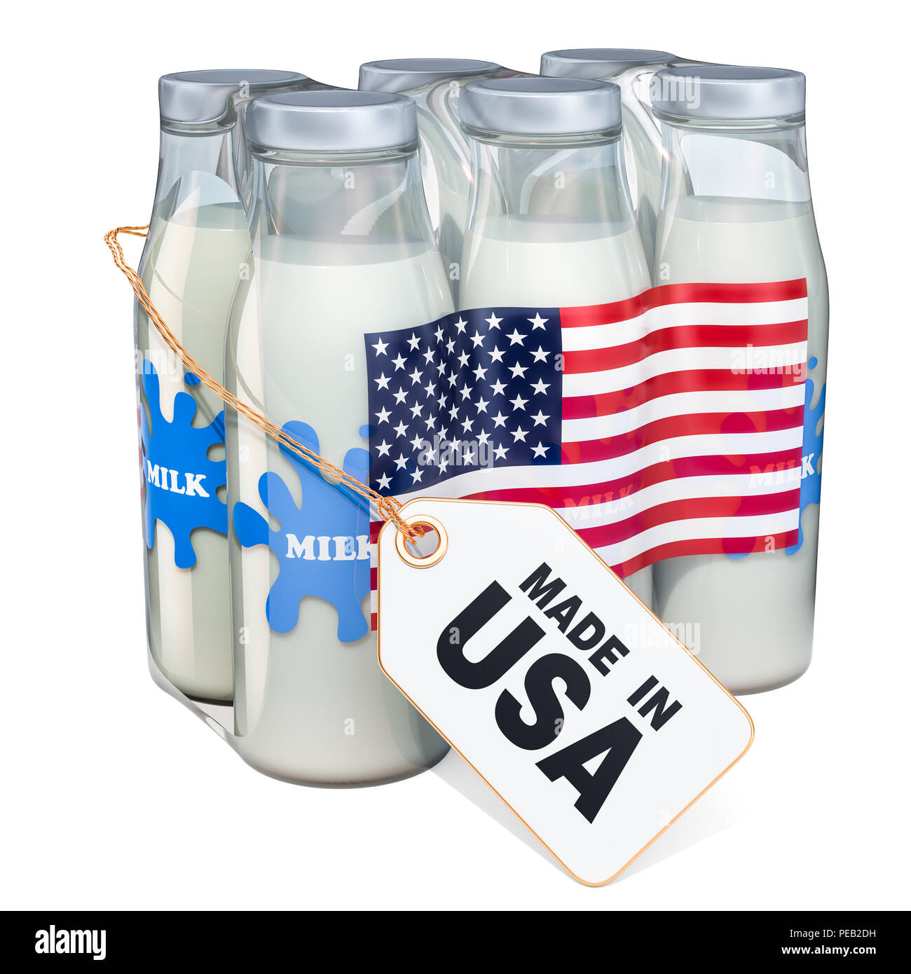 Dairy drink dal concetto di Stati Uniti d'America. Pacchetto di vetro bottiglie di latte con il tag label made in USA, rendering 3D isolati su sfondo bianco Foto Stock
