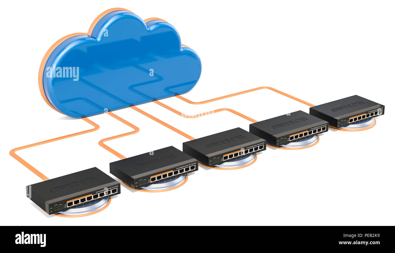 La connessione di rete del concetto. Computer cloud con switch di rete, 3D rendering isolati su sfondo bianco Foto Stock La connessione di rete del concetto. Computer cloud con switch di rete, 3D rendering isolati su sfondo bianco Foto Stock