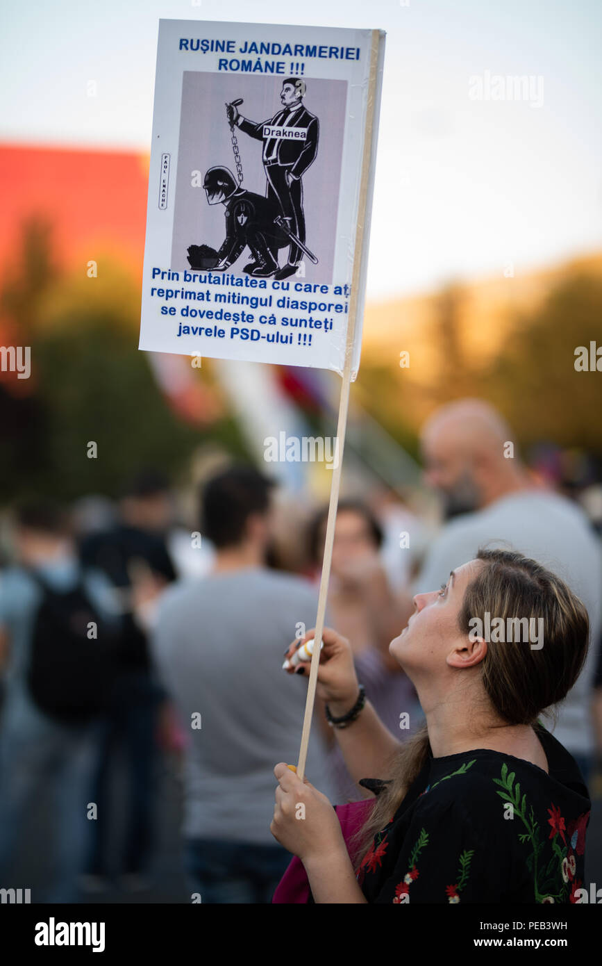 La Romania, Bucarest - Agosto 12, 2018: Protester Holding firmano e teardrops dopo i cittadini erano gased Foto Stock