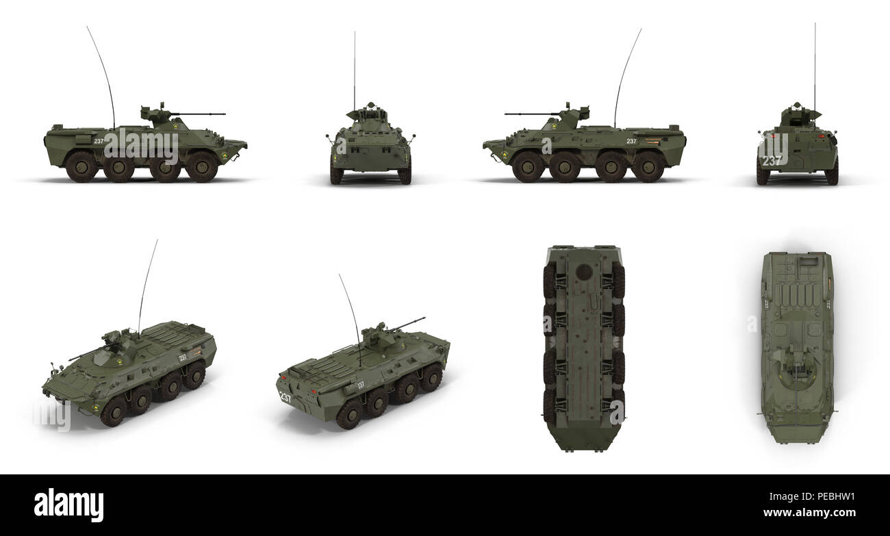 BTR-80 ruote veicolo blindato trasporto di personale rende il set da angoli differenti su un bianco. 3D illustrazione Foto Stock