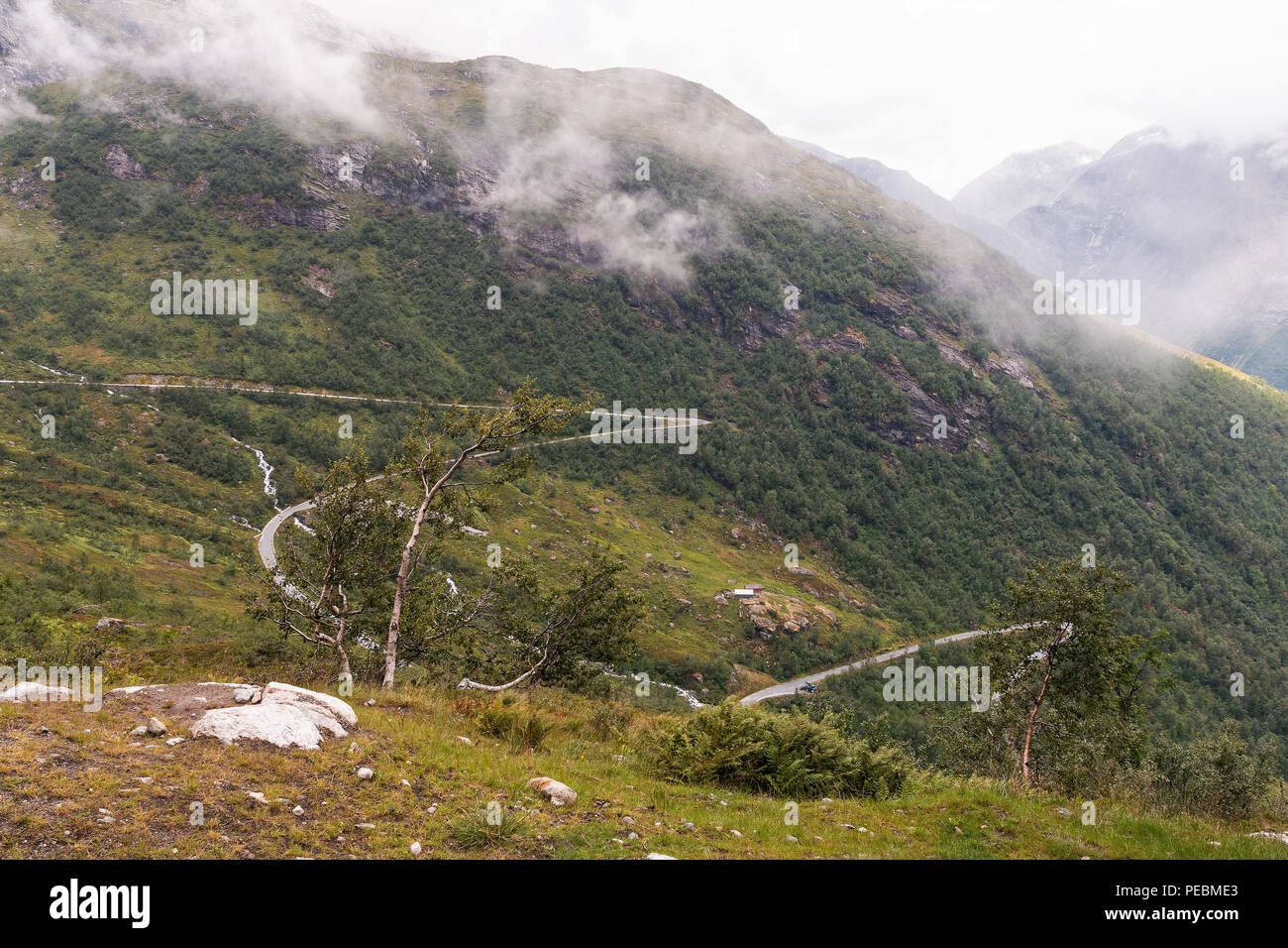 Dal ponte sopraelevato a Utsikten si possono guardare le strade ventose che vi porteranno lungo scoscese Bårddalen sulla strada 55. Foto Stock