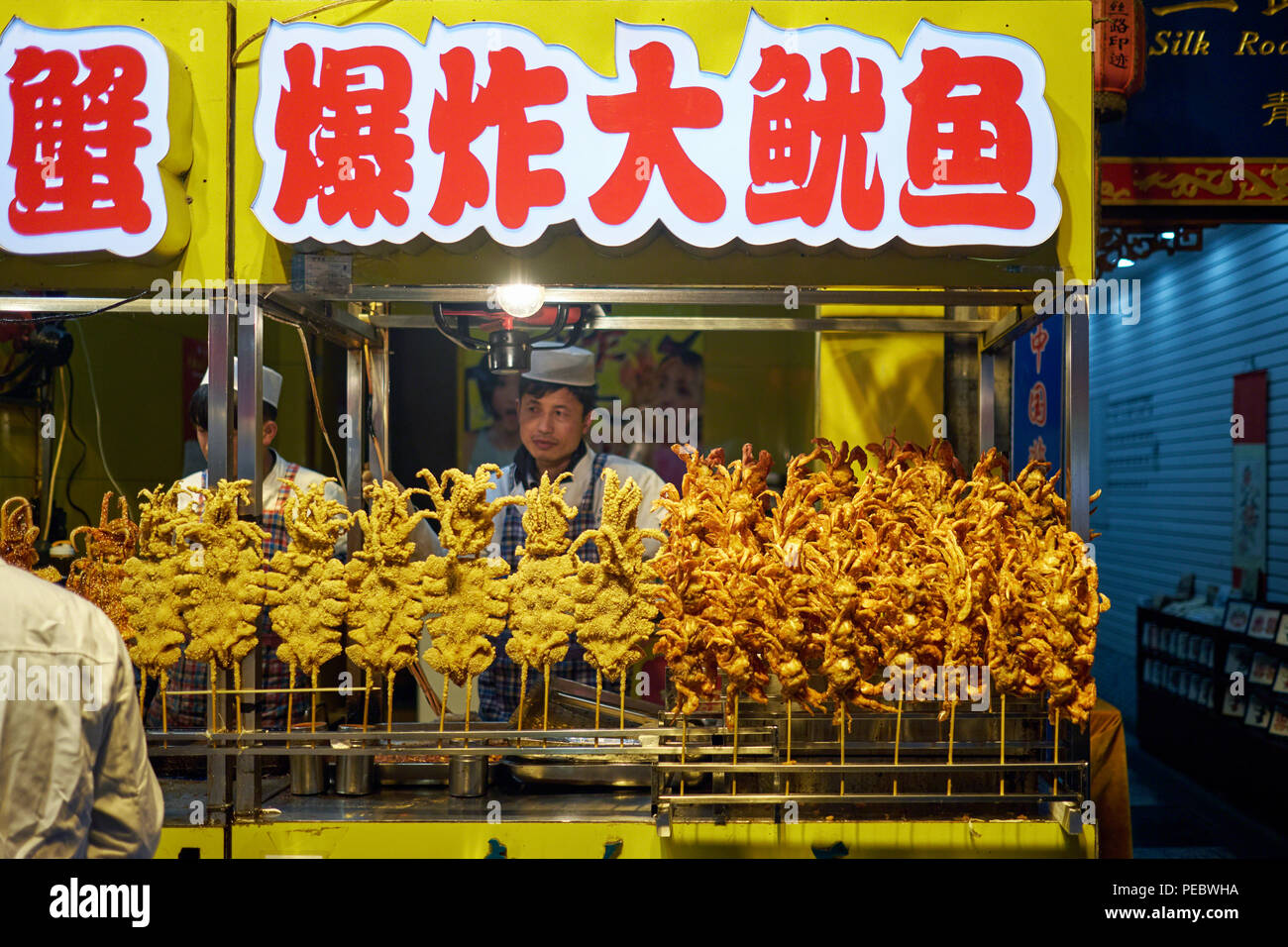 Fritti e calamari alla griglia su un bastone venduto da un venditore ambulante, il Quartiere Musulmano, Xi'an, Shaanxi, Cina Foto Stock