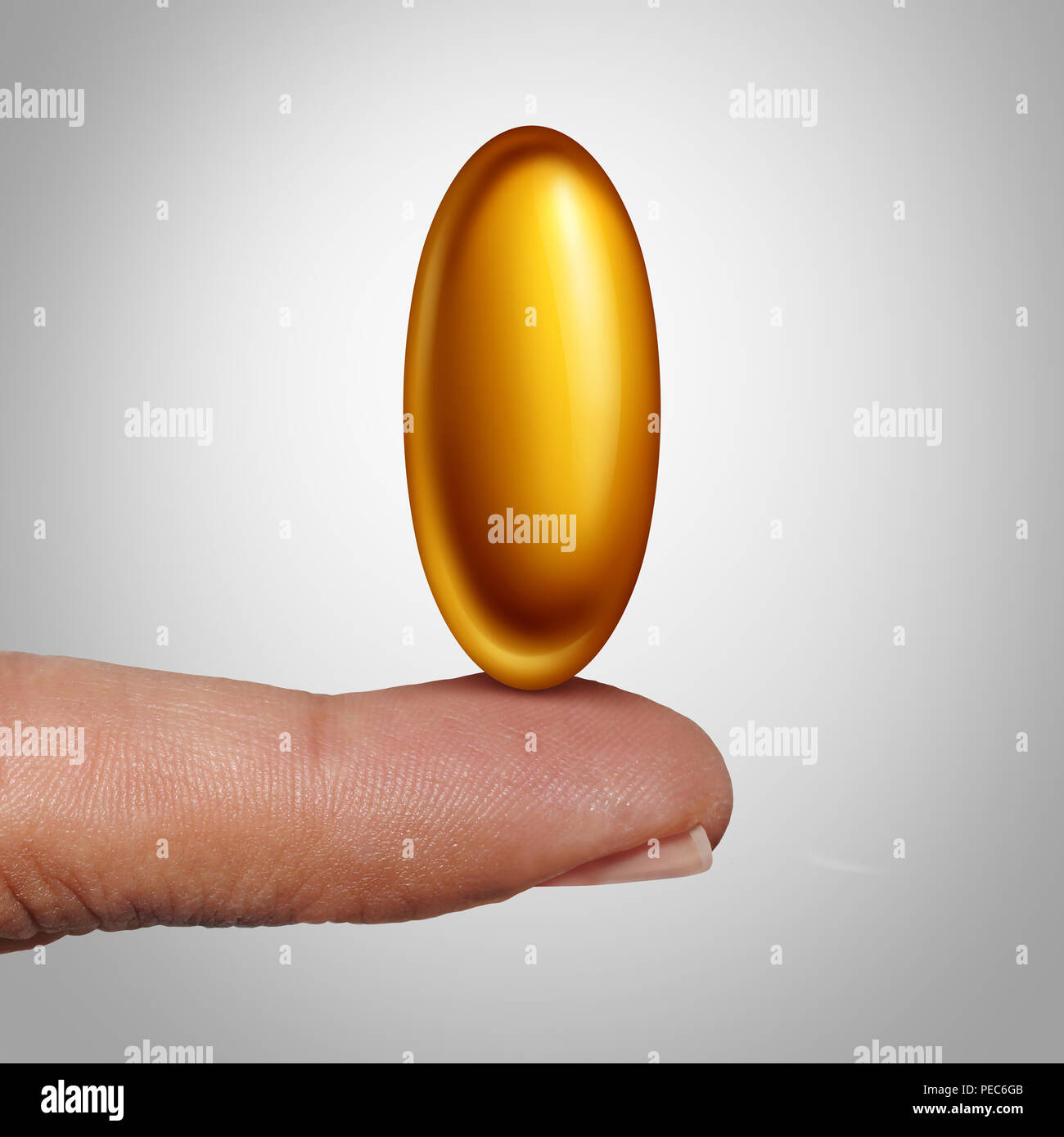 Pesce sano supplemento dell'olio omega 3 e di acidi grassi con nutrienti una capsula pillola come una naturale salute medicina con un dito umano holding. Foto Stock