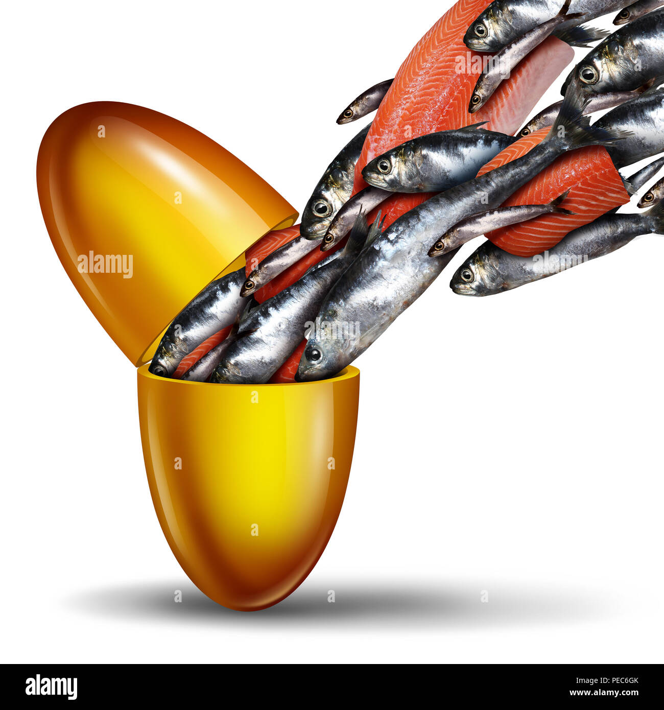 Olio di pesce di complemento e di omega 3 di acido grasso con nutrienti una capsula aperta pillola come una naturale salute medicina con sardine e salmone. Foto Stock