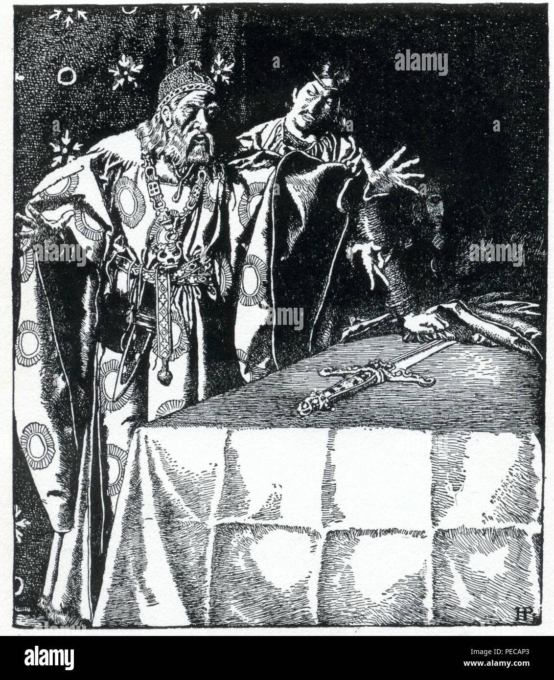 Arthur-Pyle Sir Kay annunzia la mistica spada davanti a Sir Ettore. Foto Stock