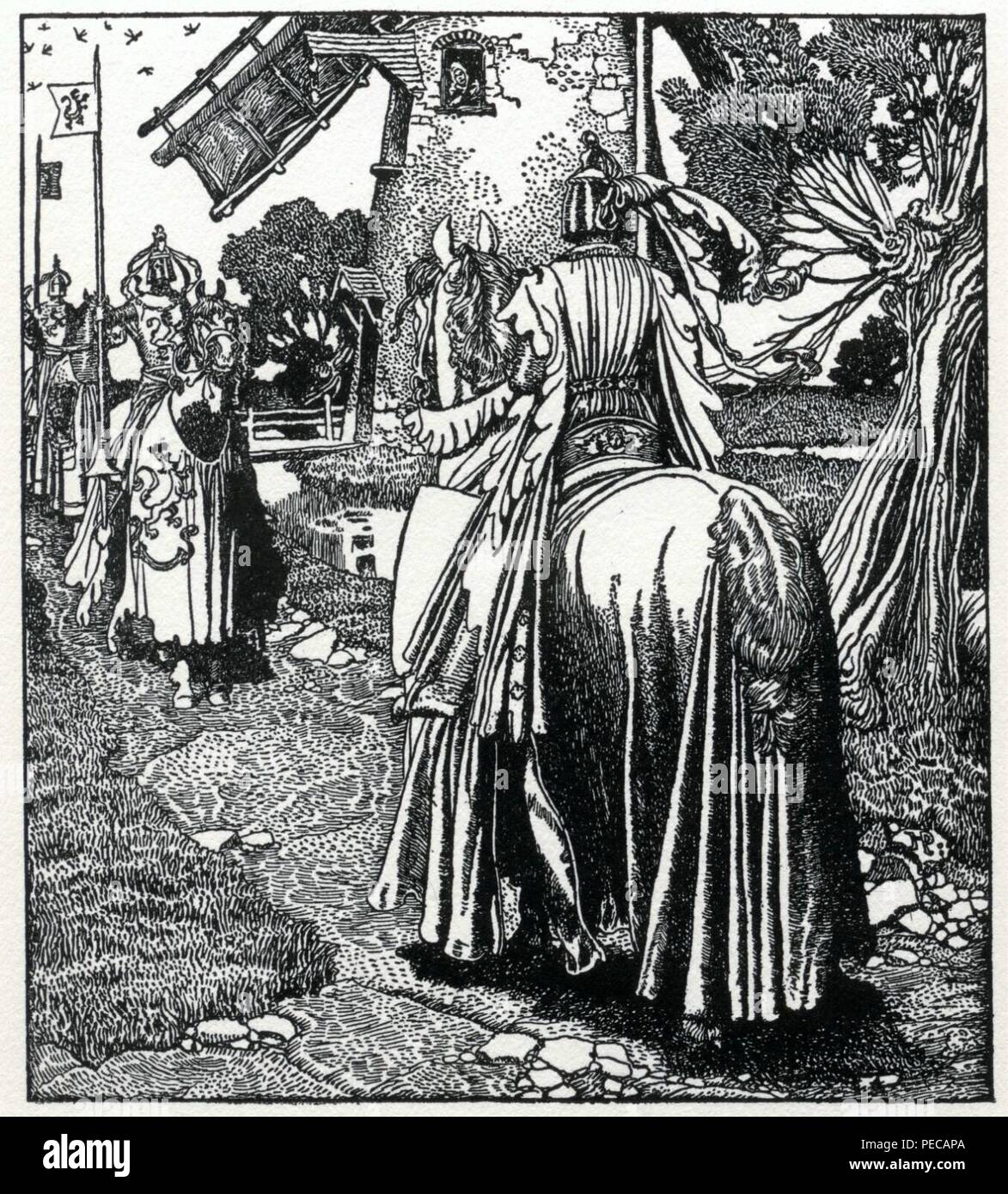 Arthur-Pyle il campione bianco risponde a due cavalieri presso il mulino. Foto Stock