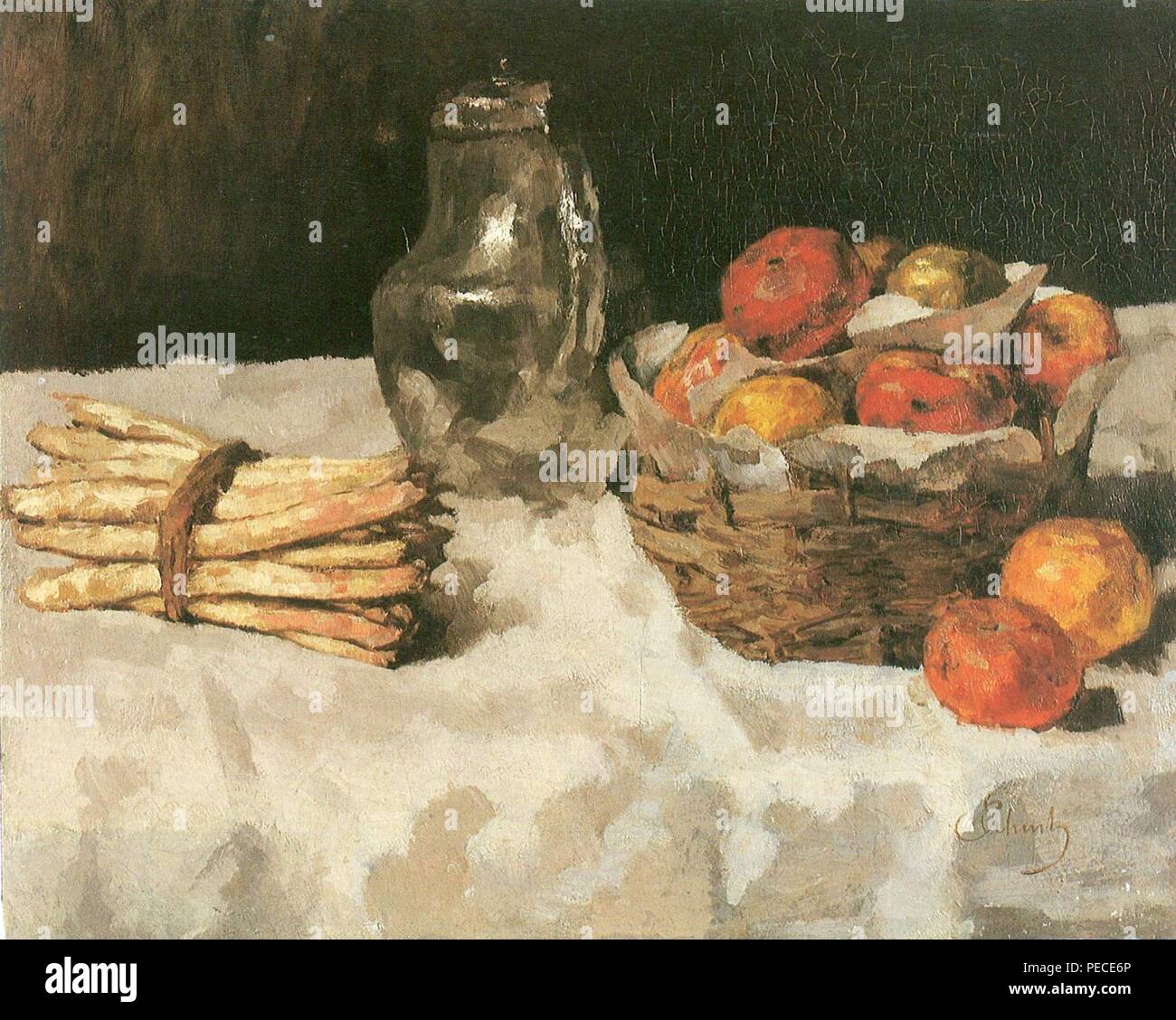 Carl Schuch - Äpfel auf Weiß; mit Körbchen, Zinnkrug und Spargelbund. Foto Stock