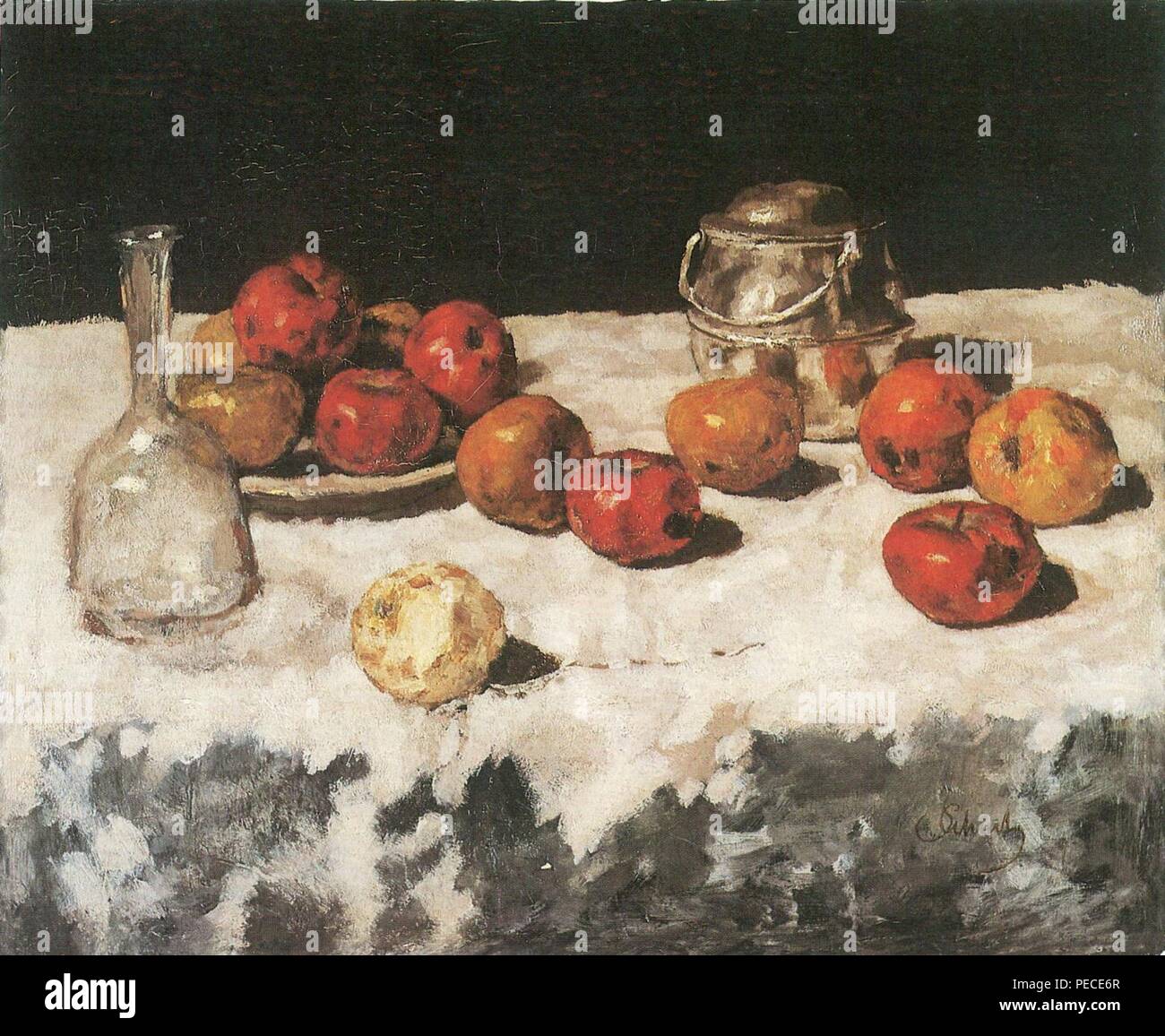 Carl Schuch - Äpfel auf Weiß; mit Wasserkaraffe und Blechdose. Foto Stock