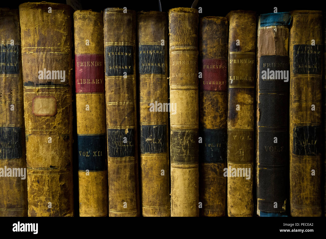 Vecchi libri su uno scaffale Foto Stock