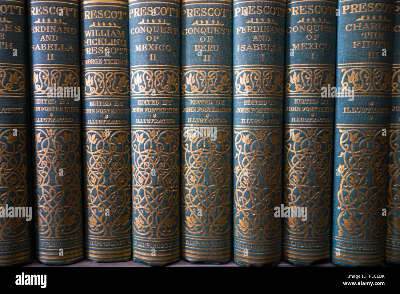 Vecchi libri su uno scaffale Foto Stock