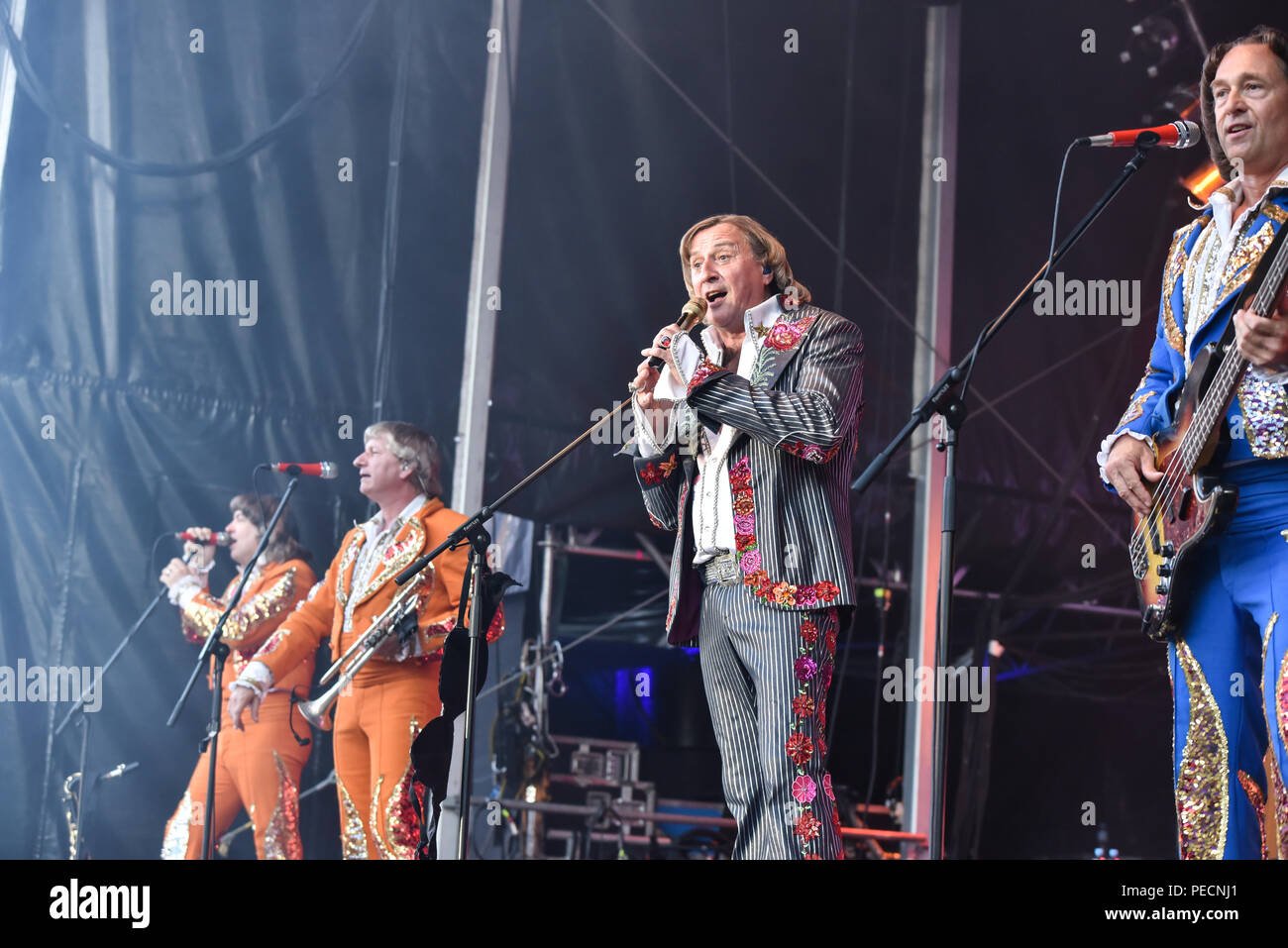 Germania, Ebern, Eyrichshhof Castello, 26 luglio 2018, Dieter Thomas Kuhn & Band - Open Air 2018 - Immagine: (da L-R) Dieter Thomas Kuhn mit Udo L., Nino G Foto Stock