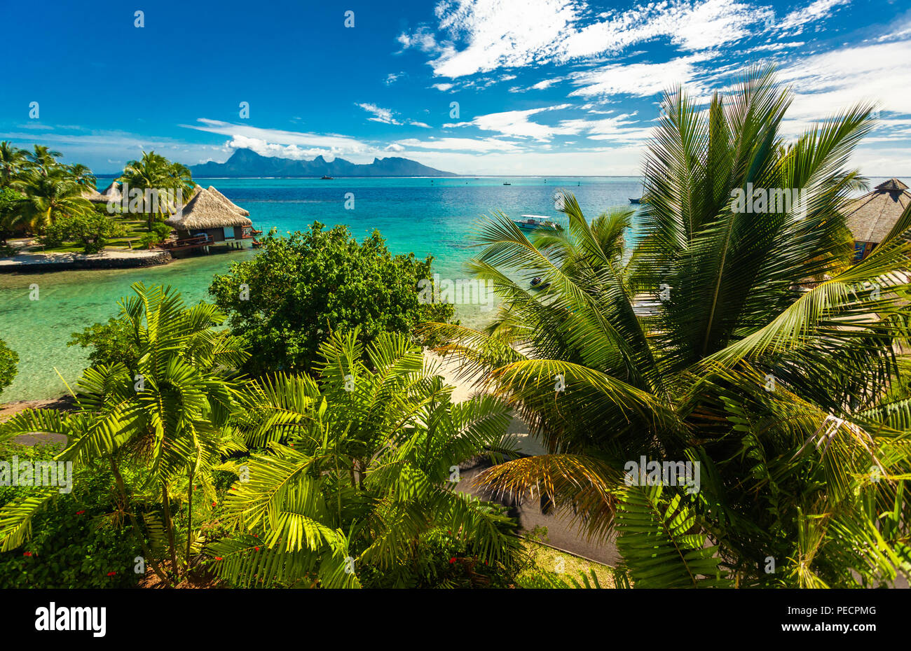 Bungalow Overwater con la spiaggia migliore per lo snorkeling, Tahiti, Polinesia Francese, Moorea in background Foto Stock