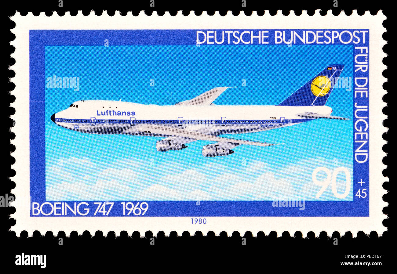 Il tedesco francobollo (1980) Fur die Jugend (francobolli venduti in aiuto dei giovani di beneficenza) : Boeing 747 jumbo jet Foto Stock