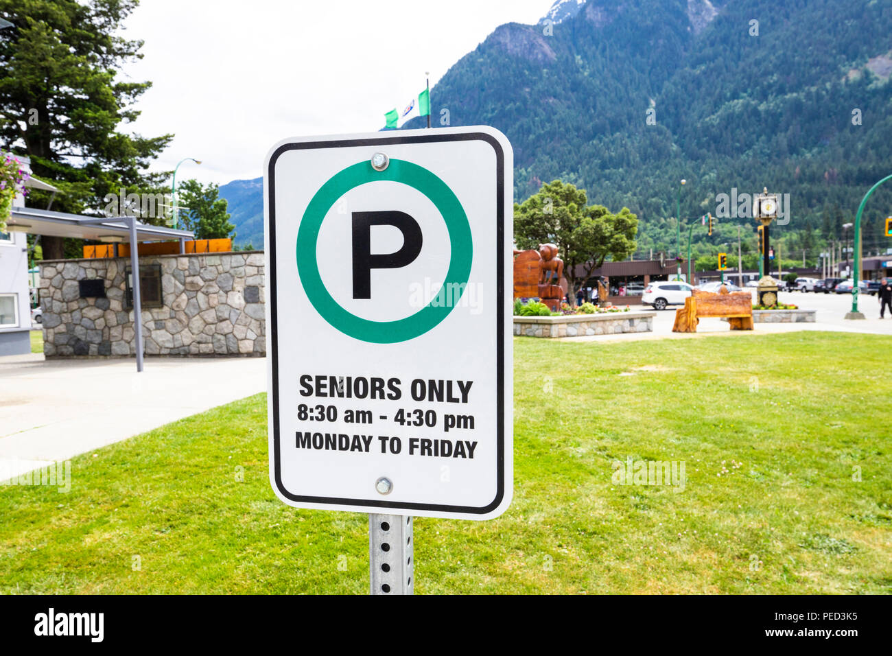 'Seniors soltanto " segno di parcheggio in un parcheggio nella città di speranza, British Columbia, Canada Foto Stock