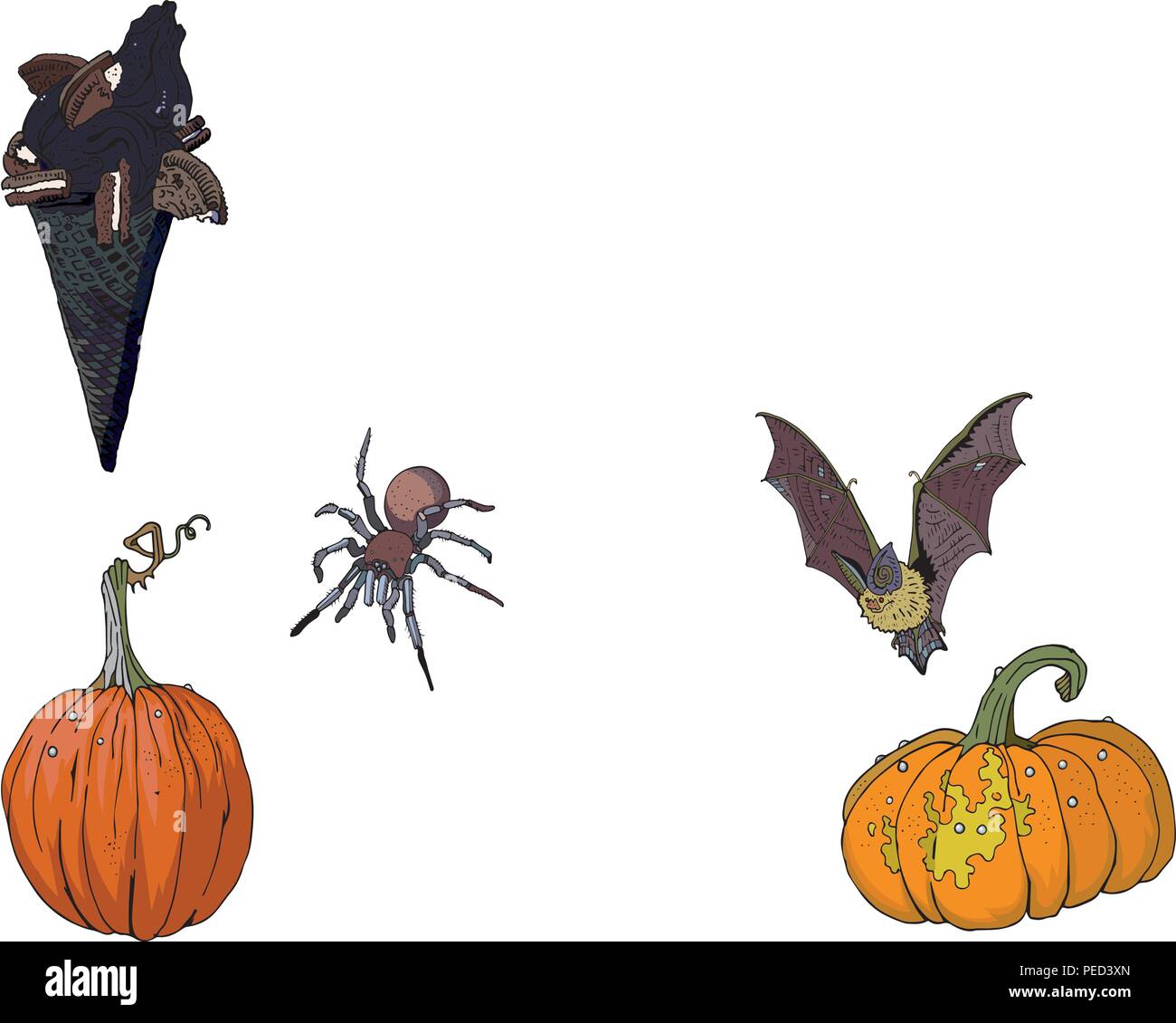 Halloween ossequi e set di simboli, oggetti isolati con iscrizione. Nero cono gelato, unicorn milk shake, zucche, candele, calice, foglie di autunno, pipistrelli, spider. Goth cartoon fantasy clipart. Illustrazione Vettoriale