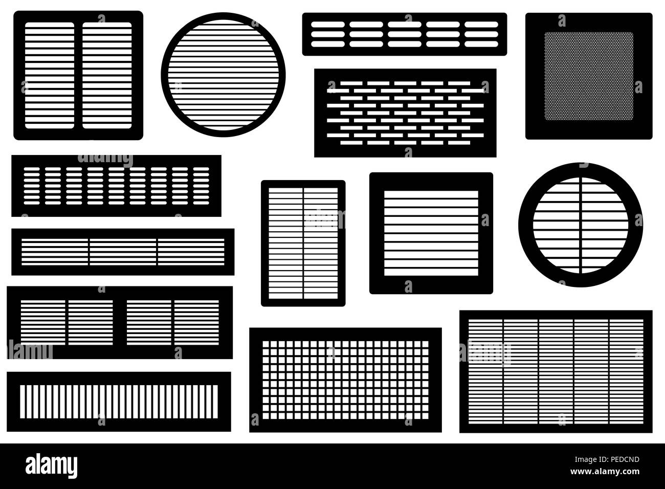 Set di ventilazioni diverse griglie isolato su bianco Foto Stock