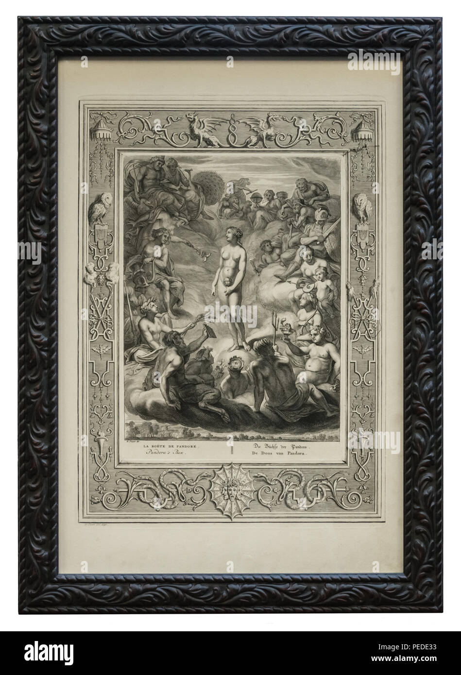 Antiker Kupferstich - Griechische Sage - Die Büchse der Pandora - mit schwarzem Bilderrahmen, der mit stilisierten Blätterranken verziert ist Foto Stock