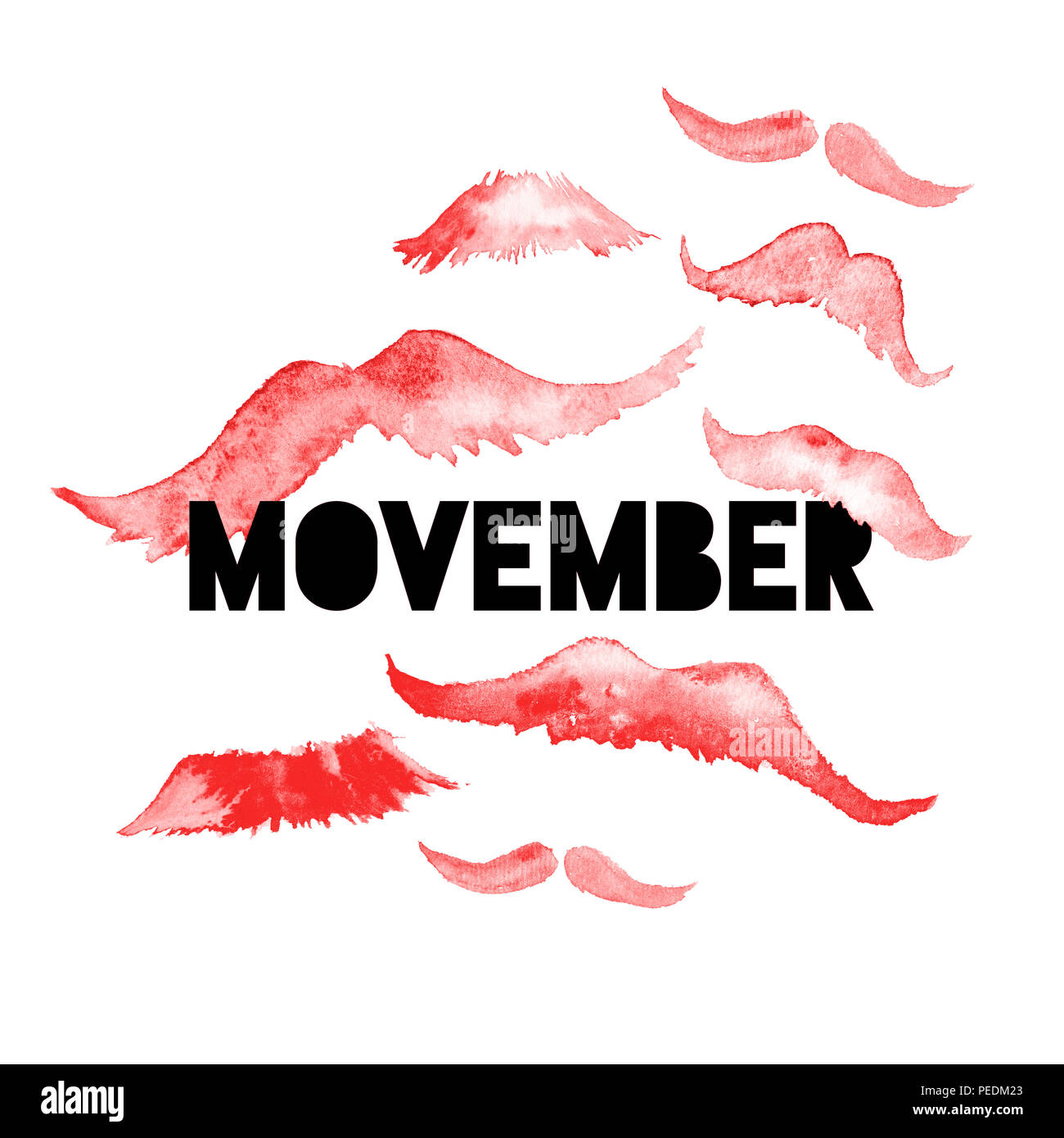 Un poster con testo nero "movember" e acquerello mustaches in colore rosso, isolato su sfondo bianco Foto Stock