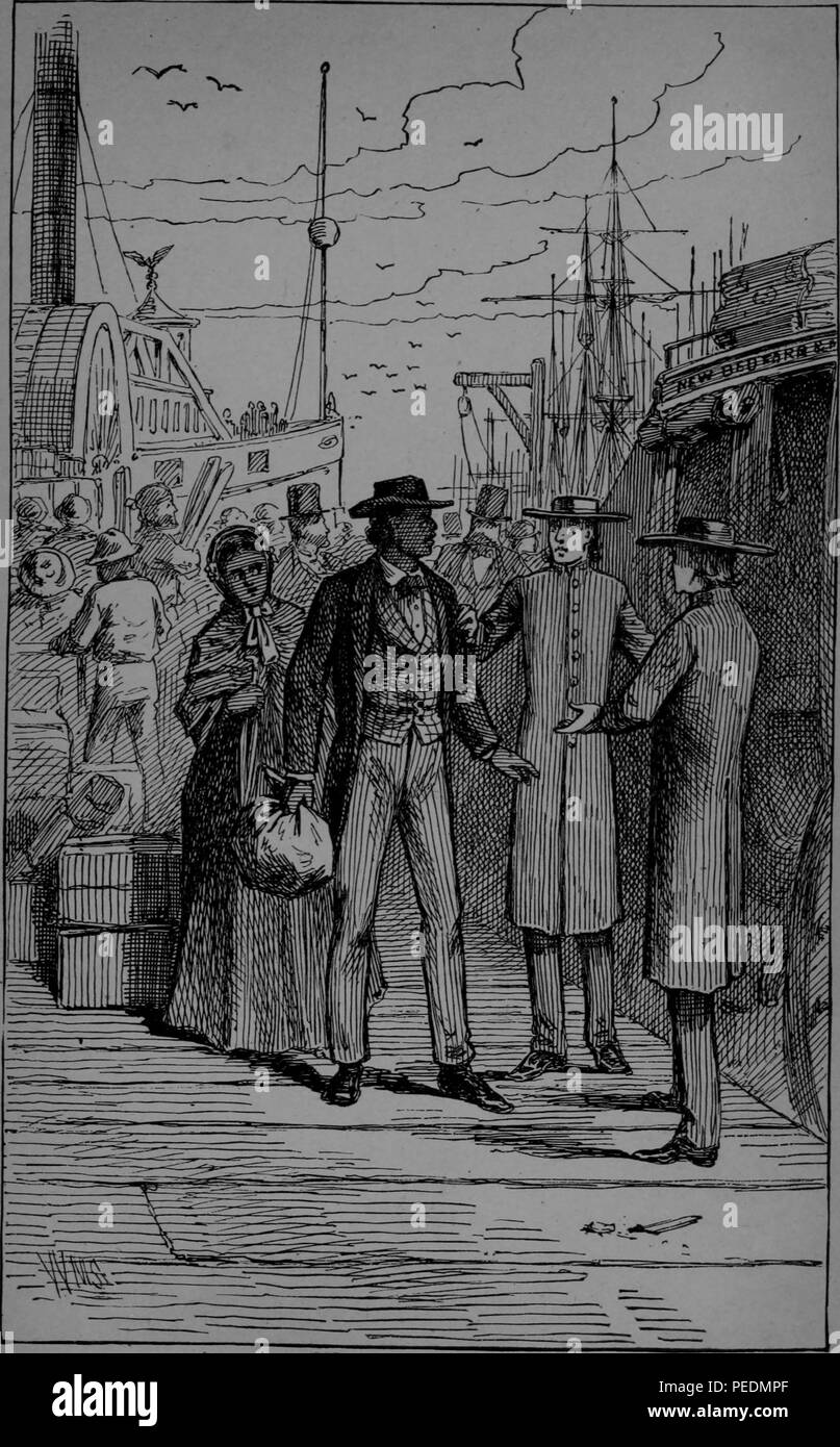 Stampa in bianco e nero raffiguranti la verità, la riforma leader, scrittore e statista Frederick Douglass, arrivando al pontile a Newport, Rhode Island, Douglass, indossando una larga tesa hat, pantalone a righe, una controllata gilet e camicia scuri, e portante un piccolo pacchetto, gira a parlare con due uomini mentre una donna in abito vittoriano guarda da dietro, con navi e persone visibili in background, 1882. La cortesia Internet Archive. () Foto Stock