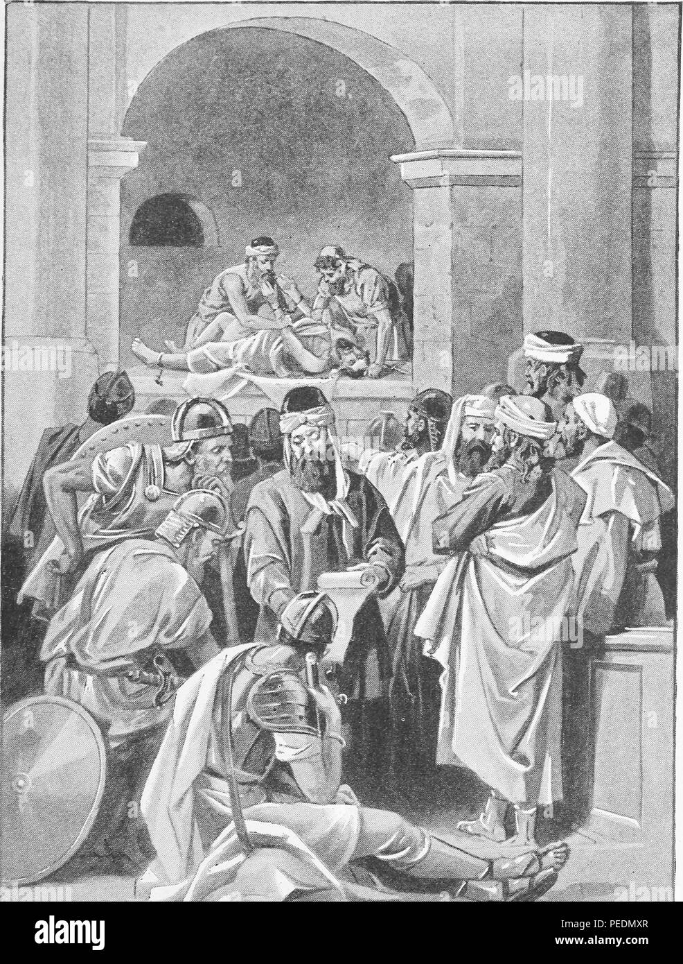 Stampa in bianco e nero raffiguranti l'imperatore romano Valeriano incatenati, e che giace in posizione supina su un banco di lavoro sotto un arco mentre viene scorticato vivo agli ordini del re persiano Sapor, mentre un gruppo di soldati e di cittadini in primo piano, presumibilmente persiani, leggere l'ordine e il commento, 1895. La cortesia Internet Archive. () Foto Stock