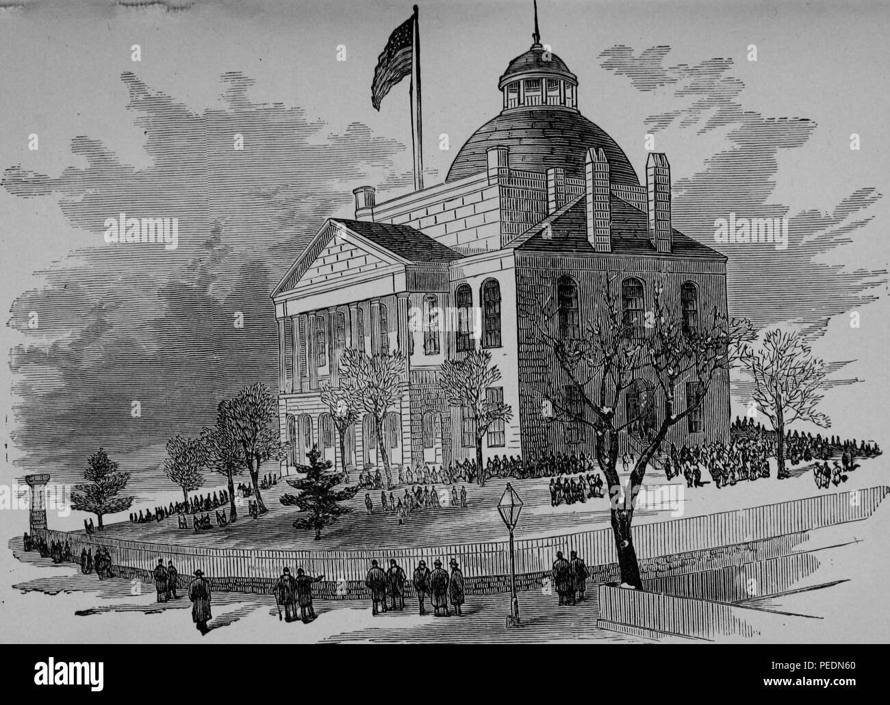 Stampa in bianco e nero raffiguranti un inizio di immagine di stato House di Augusta, Maine, progettato in stile federale, dopo il Massachusetts State House, da granito, con una cupola centrale e capanna portico con colonne, 1884. La cortesia Internet Archive. () Foto Stock