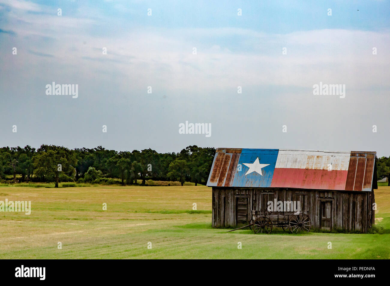 Vecchia fattoria con Texas bandiera sul tetto Foto Stock