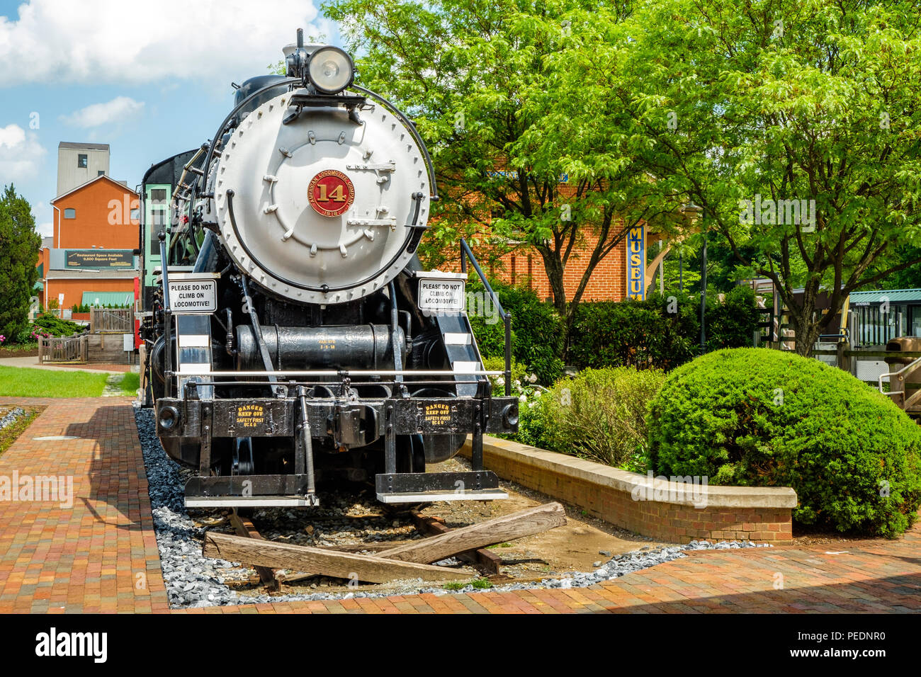 Buffalo Creek e Gauley #14 Consolidamento locomotiva a vapore, Gaithersburg Railroad Station, 5 vertice Sud Avenue, Gaithersburg, Maryland Foto Stock