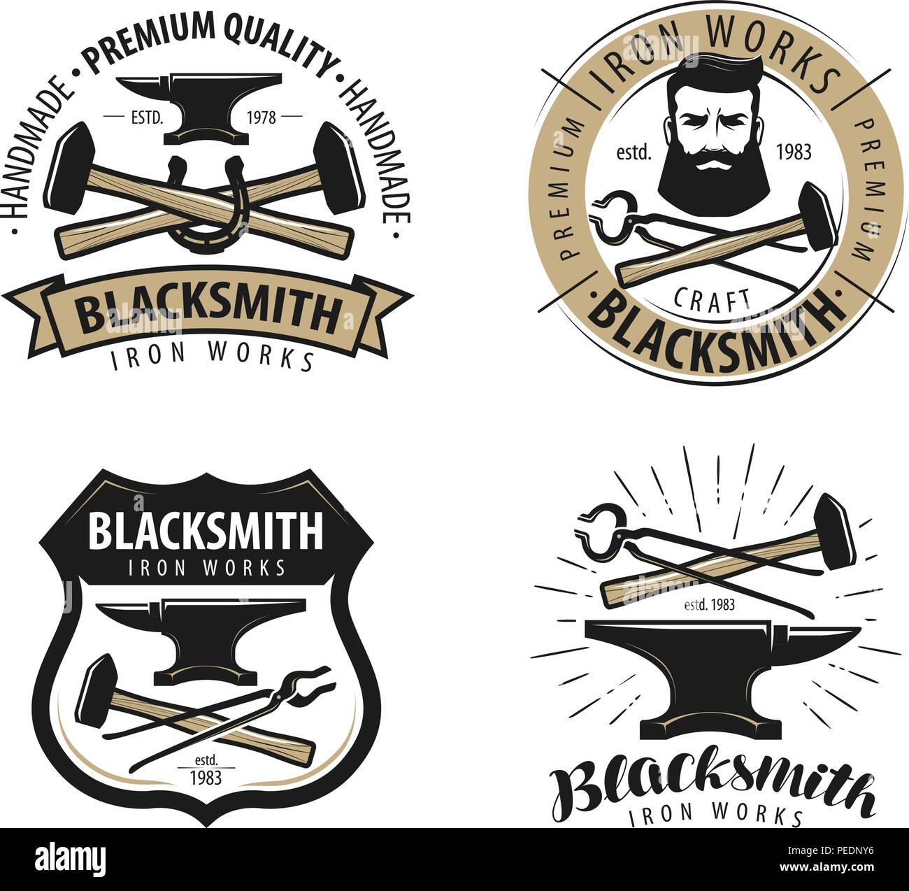 Forge, fabbro logo o etichetta. Blacksmithing set di emblemi isolati su sfondo bianco Illustrazione Vettoriale