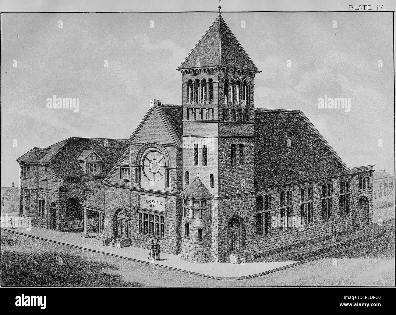 Stampa in bianco e nero raffiguranti la Prima chiesa unitaria, un revival rinascimentale edificio con una torre e una facciata in mattoni, situato all'angolo del XIV e Castro strade di Oakland, California, USA, pubblicato in Jos Alex Colquhoun 'album illustrato della contea di Alameda, California', 1893. La cortesia Internet Archive. () Foto Stock