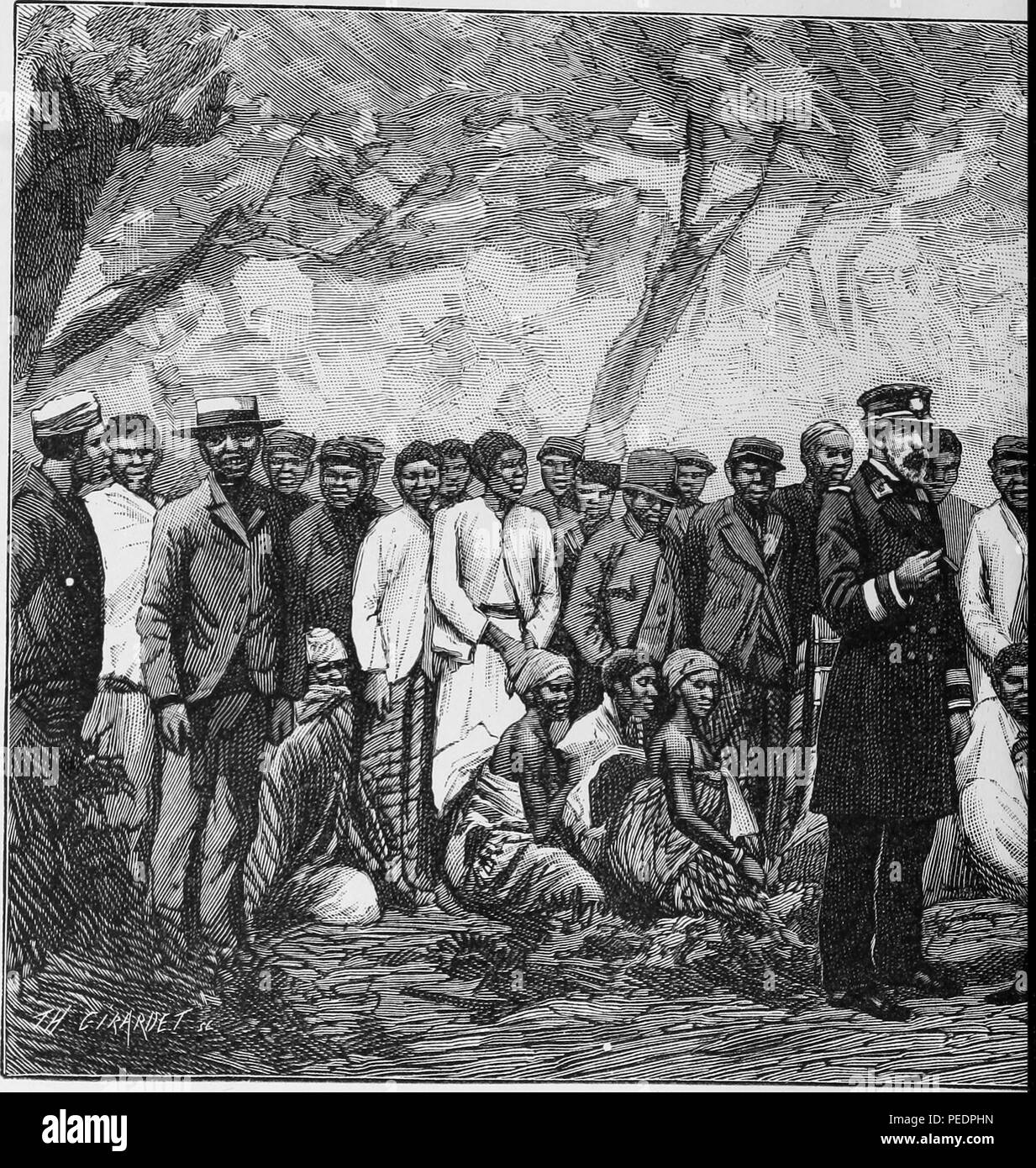 La metà sinistra di una grande stampa in bianco e nero che illustra i membri di una spedizione in viaggio verso il Capo di Buona Speranza, una penisola sul lato Atlantico del Sud Africa, con un capitano europeo nel centro di primo piano, un ampio gruppo di entrambi gli uomini africani in piedi in una linea dietro di lui, e diverse donne africane seduto al piano medio, dal volume 'De Angola un contra-costa, descripcao de uma viagem atravez do continente africano", 1886. La cortesia Internet Archive. () Foto Stock