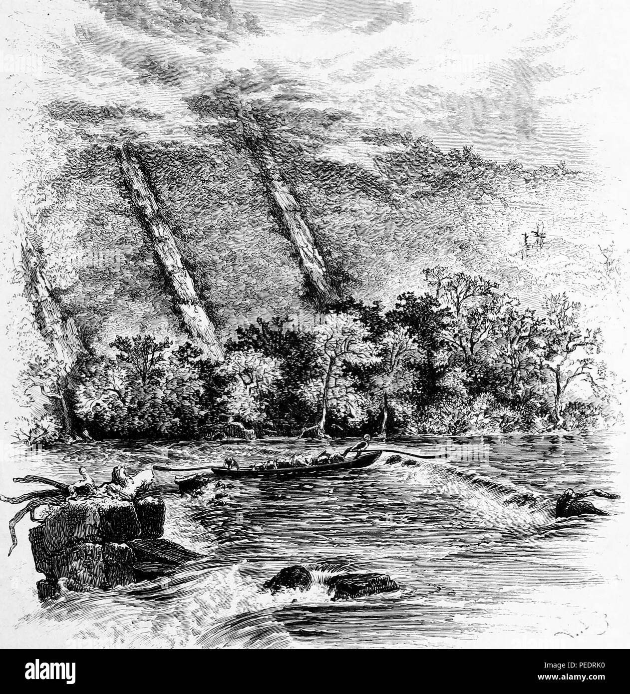 Bianco e nero stampa vintage raffigurante una coppia di uomini la navigazione loro longboat o in canoa attraverso il Great Falls Rapids, situato sul fiume di nuovo in Virginia, Stati Uniti d'America, pubblicato in William Cullen Bryant modificati del volume "pittoresco America; o, la terra in cui viviamo", 1872. La cortesia Internet Archive. () Foto Stock