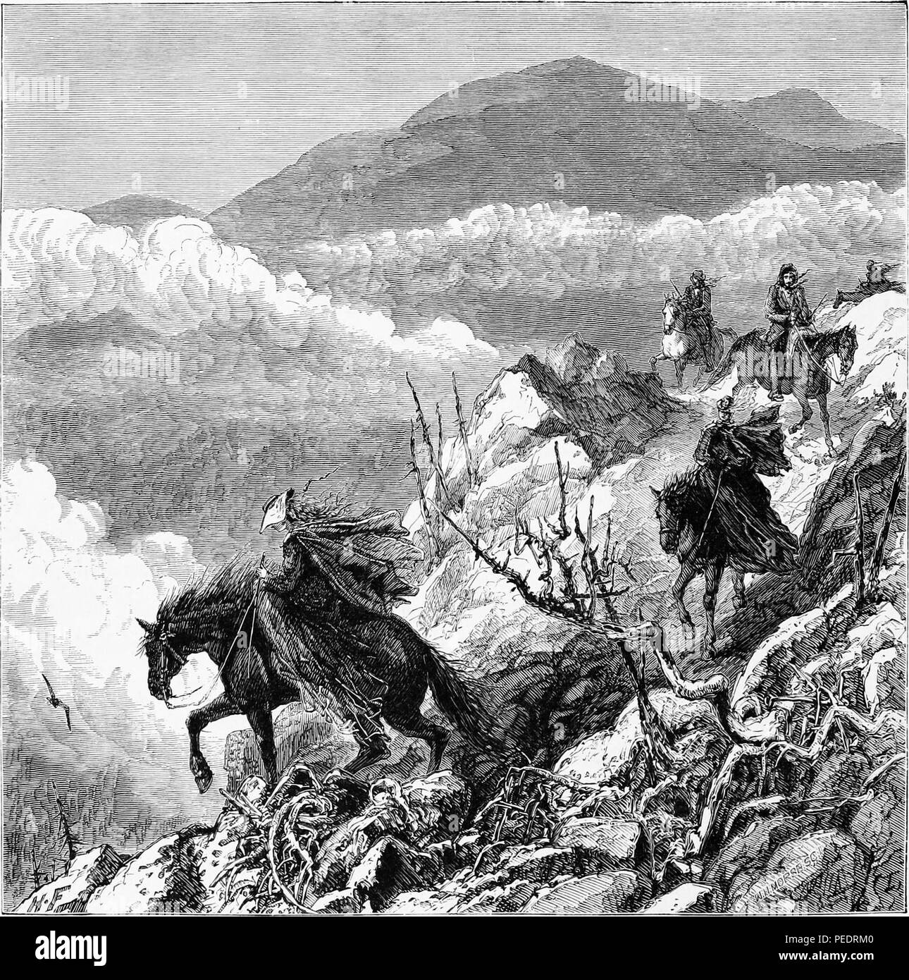 Bianco e nero stampa vintage raffigurante alcune persone a cavallo lungo una ripida e rocciosa trail come scendono dal monte Washington, con un forte vento monta i loro vestiti e le nuvole in background, che si trova nelle White Mountains del New Hampshire, STATI UNITI D'AMERICA, pubblicato in William Cullen Bryant modificati del volume "pittoresco America; o, la terra in cui viviamo", 1872. La cortesia Internet Archive. () Foto Stock