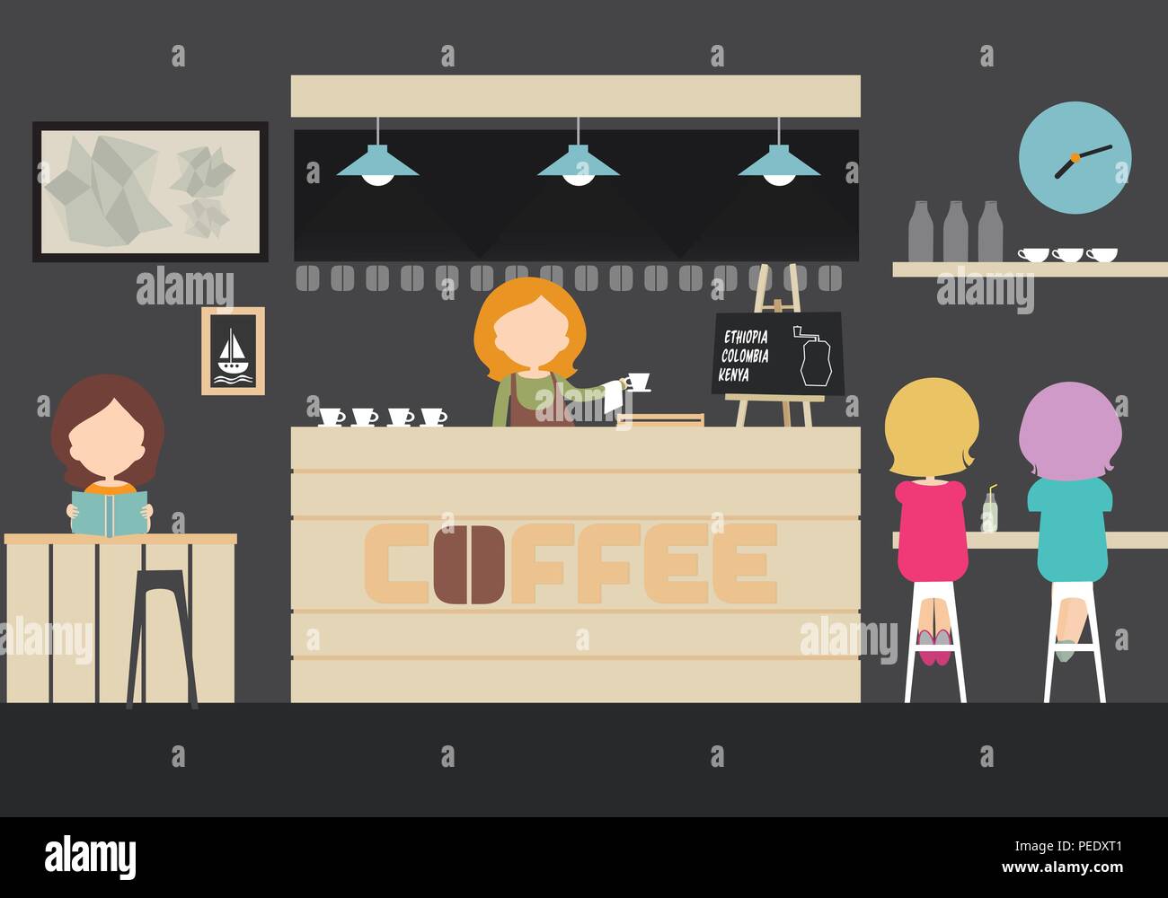 Illustrazione vettoriale di un interno di una caffetteria, un bar o un ristorante con tavoli e sedie e lampade con orologi, caff ospiti, le donne - design piatto Illustrazione Vettoriale