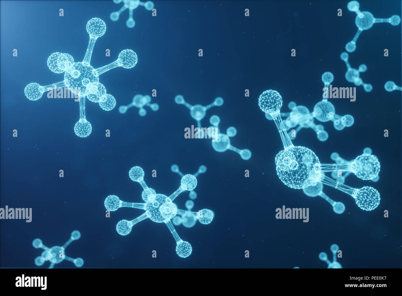 Molecole, atomi bacground. Bassa polygoanl struttura di griglia, linee di collegamento e puntini, 3D illustrazione Foto Stock