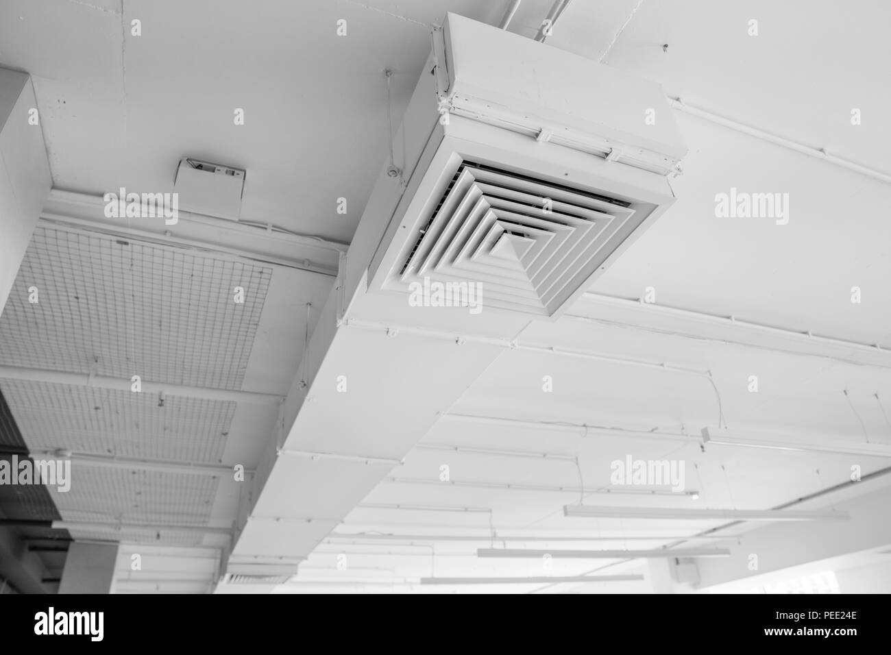 Sistema di ventilazione sul soffitto di edifici di grandi dimensioni. Tubi di ventilazione in color argento per il materiale di isolamento che pendevano dal soffitto all'interno di edificio di nuova costruzione Foto Stock Sistema di ventilazione sul soffitto di edifici di grandi dimensioni. Tubi di ventilazione in color argento per il materiale di isolamento che pendevano dal soffitto all'interno di edificio di nuova costruzione Foto Stock