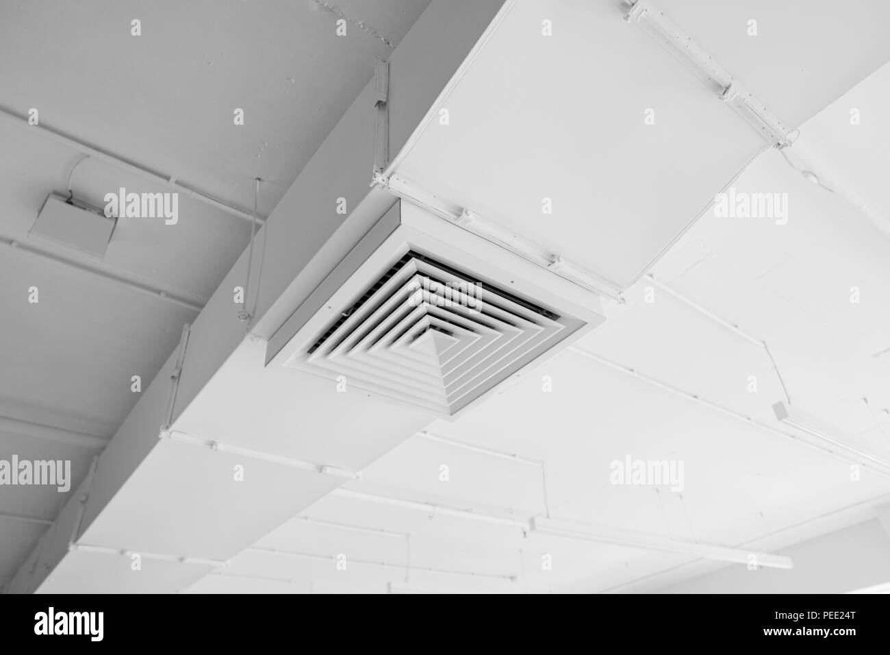 Sistema di ventilazione sul soffitto di edifici di grandi dimensioni. Tubi di ventilazione in color argento per il materiale di isolamento che pendevano dal soffitto all'interno di edificio di nuova costruzione Foto Stock Sistema di ventilazione sul soffitto di edifici di grandi dimensioni. Tubi di ventilazione in color argento per il materiale di isolamento che pendevano dal soffitto all'interno di edificio di nuova costruzione Foto Stock