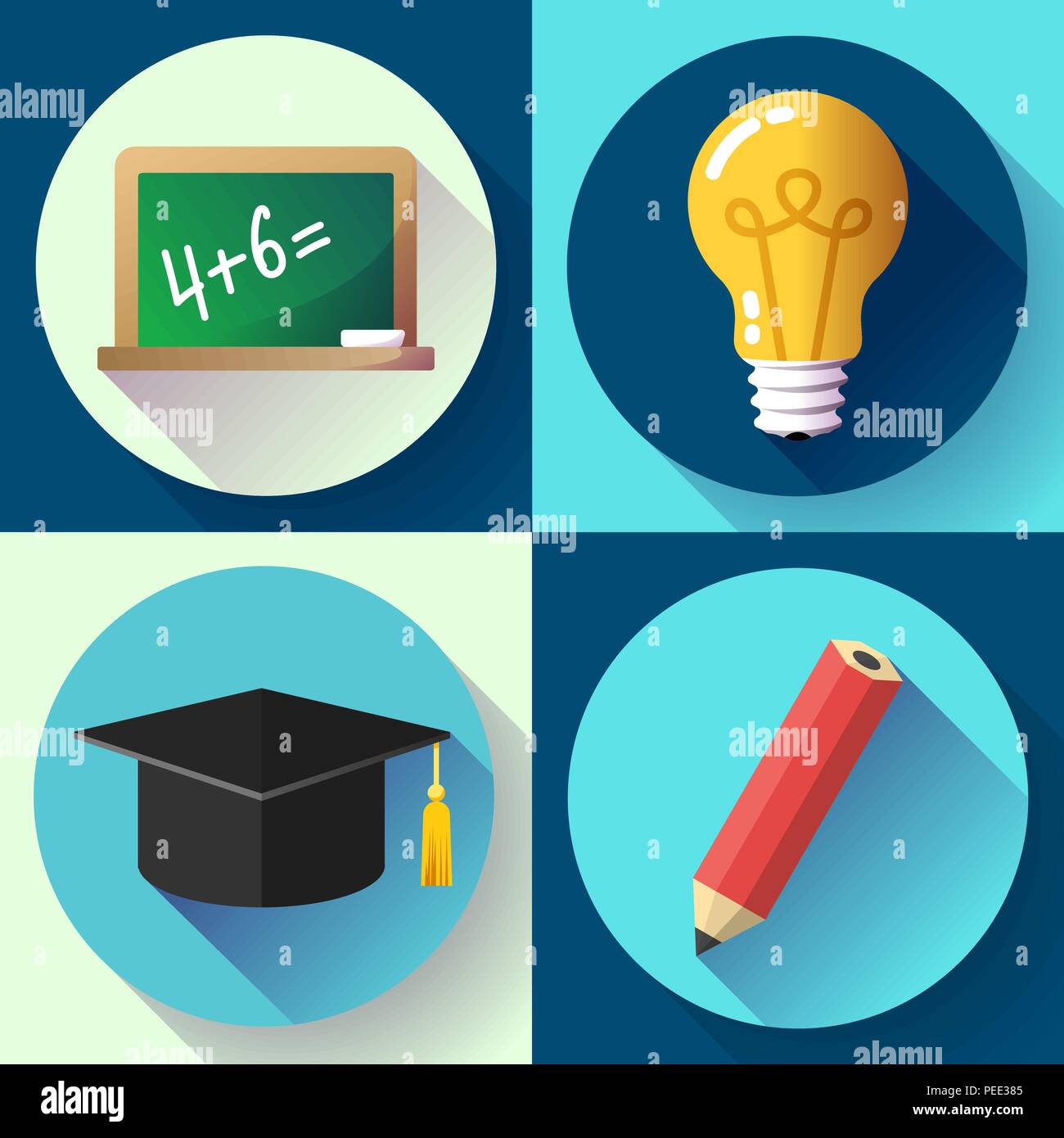 L'istruzione Imposta icona su sfondo bianco. Lampadina, matita, laureato hat, ardesia, Illustrazione Vettoriale