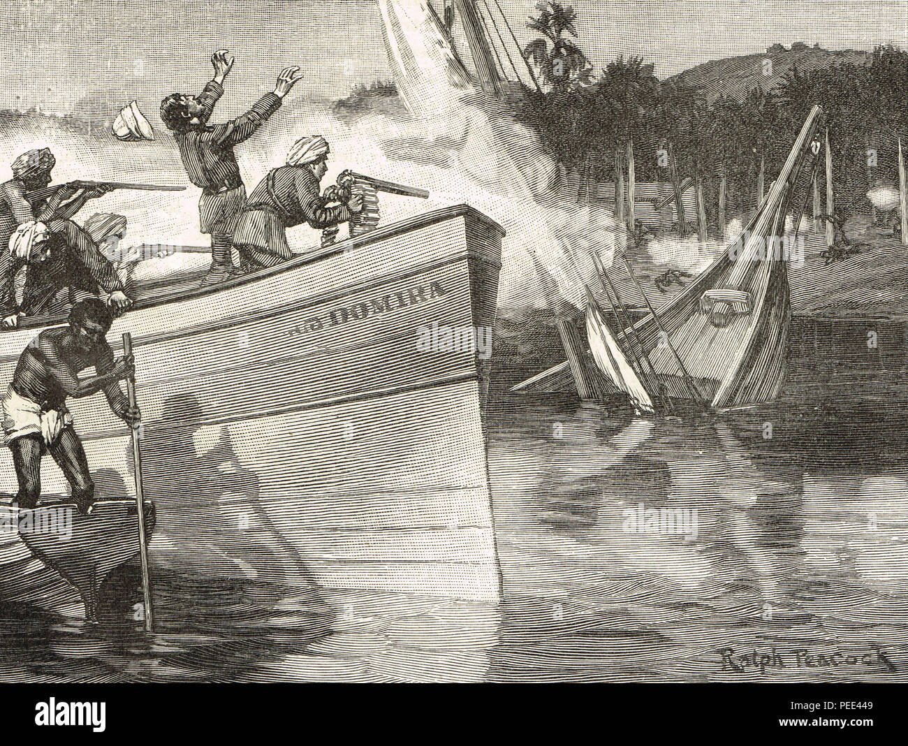 Capitano di Maguire attacco su Dhow Slave, chastising slave Makanjira concessionario, British Africa centrale, il Nyasaland, presente giorno Malawi, 1892 Foto Stock