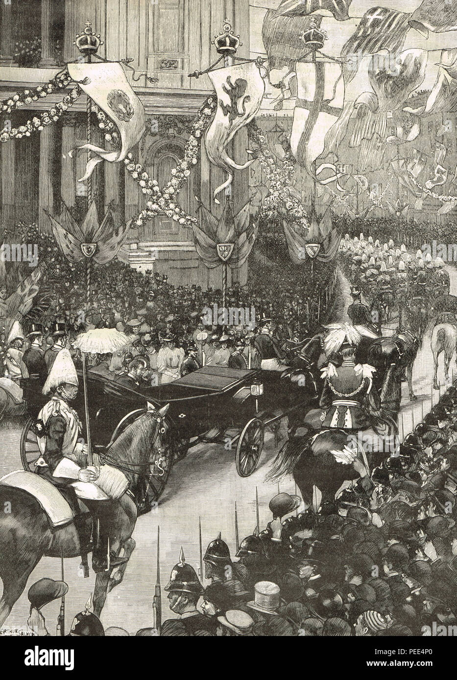 Nozze del principe George, duca di York e la Principessa Maria di teck. Il corteo reale passando dalla Cattedrale di St Paul en route a St James Palace di Londra, 6 Luglio 1893 Foto Stock