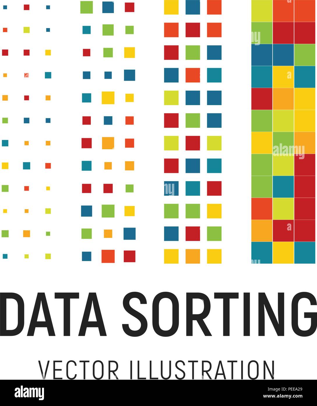 Ordinamento dei dati illustrazione vettoriale. Grande base di dati vettore emblema. Ordinamento informazioni logo astratto. La tecnologia digitale semplice etichetta. Quadrati colorati modello logo. Strumenti di analisi avanzati di visual design. Illustrazione Vettoriale