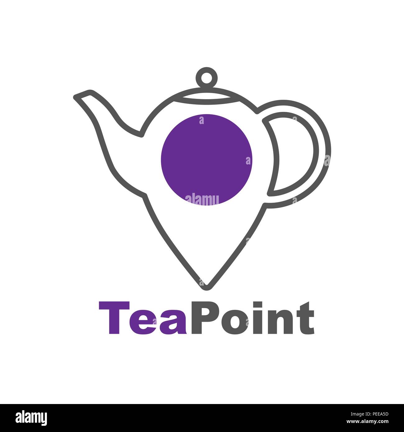 Punto di tè logo. Bar dei tè emblema. Teiera o bollitore e lettere su sfondo bianco. Illustrazione Vettoriale