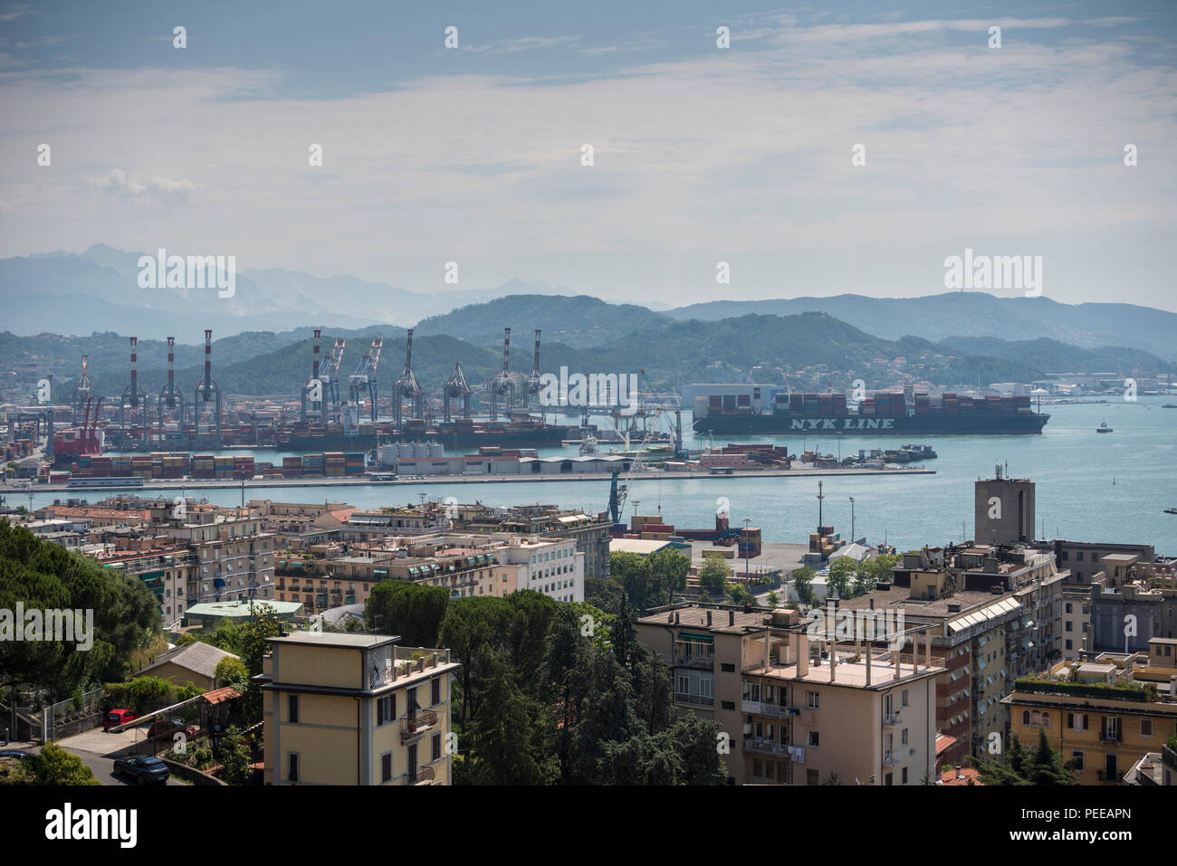 NYK Line nave portacontainer avvicinando La Spezia porta, Liguria, Italia Foto Stock