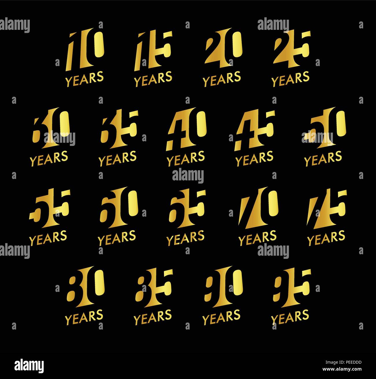 Vettore di anniversario numeri impostati. Festa di compleanno logo collection. Golden anni segni su sfondo nero. Giubileo design illustrazione. Illustrazione Vettoriale