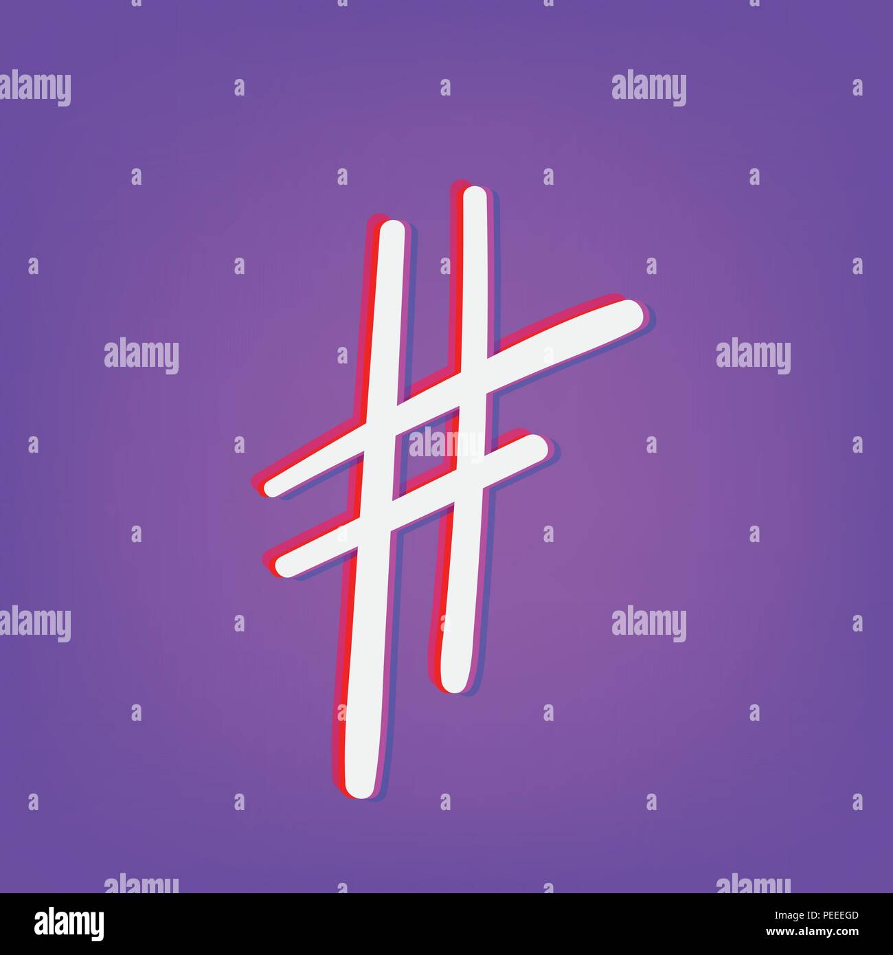 Disegnato a mano segno Hashtag isolato. Simbolo di numero. Glitch di aberrazione cromatica effetto. Elemento per il graphic design - blog, social media, banner, poster, Illustrazione Vettoriale