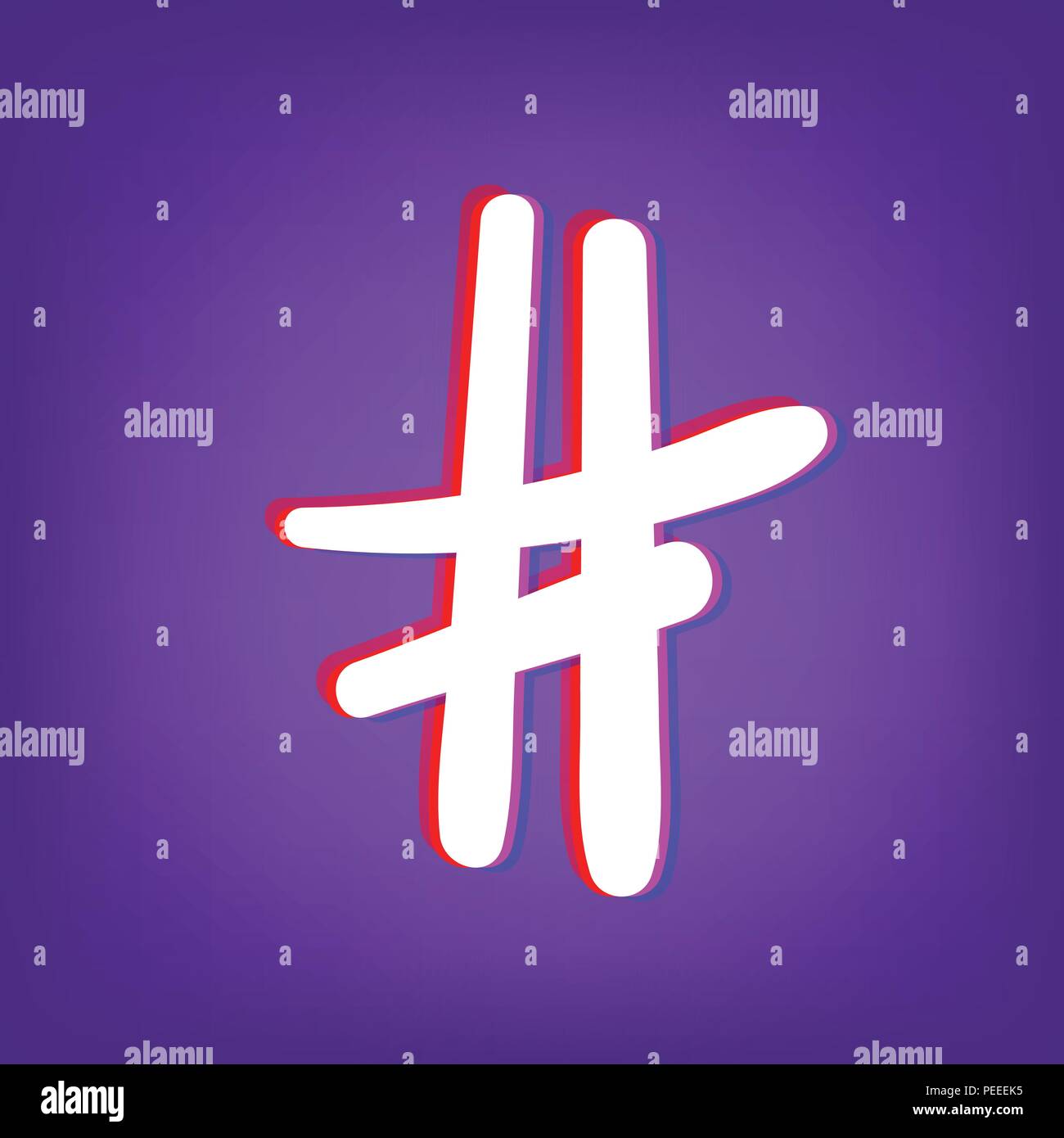 Disegnato a mano segno Hashtag isolato. Numero simbolo. Glitch di aberrazione cromatica effetto. Elemento per il graphic design - blog, social media, banner, poster, Illustrazione Vettoriale