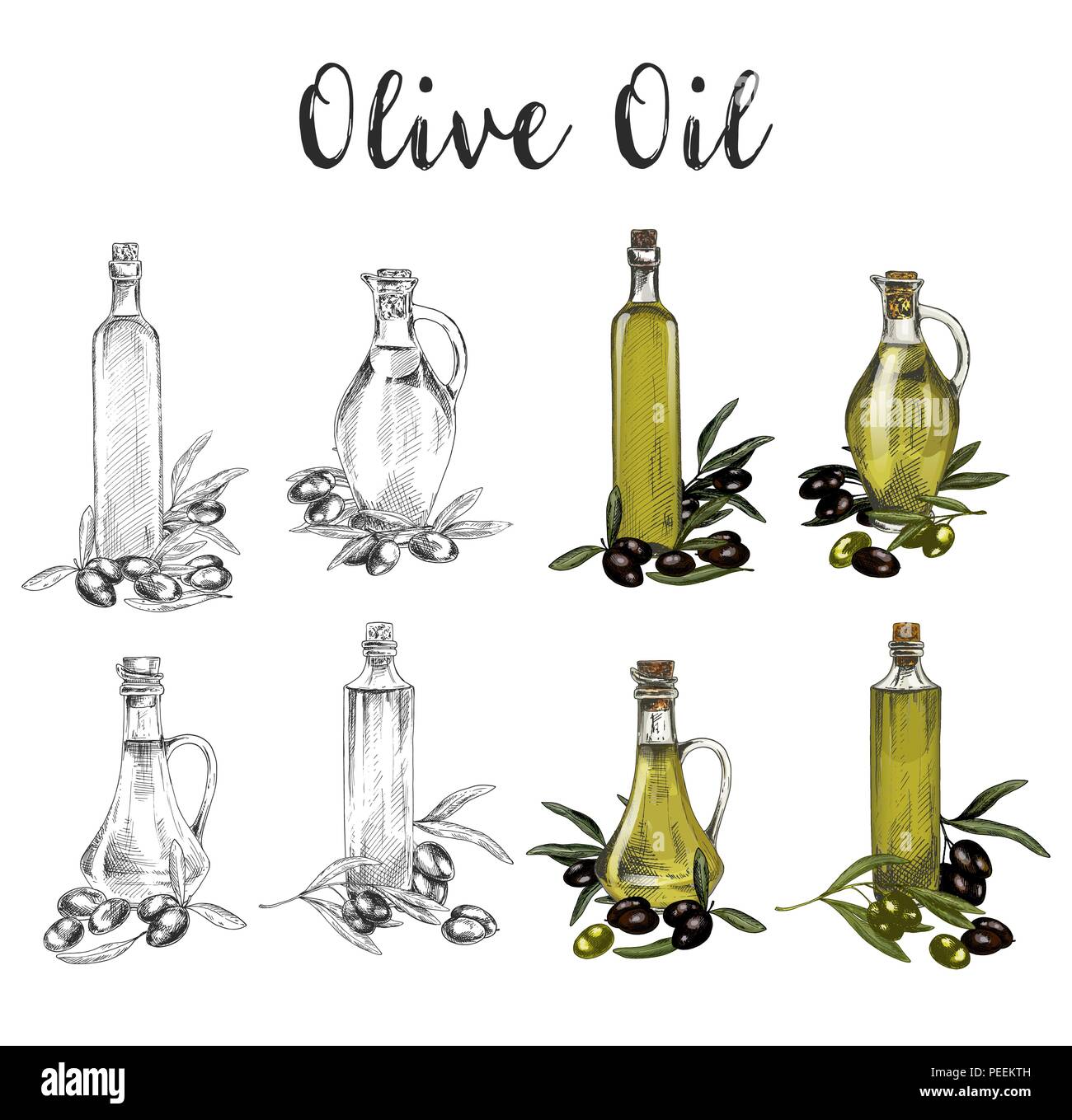 Set di schizzi di isolato di una bottiglia di vetro con olio liquido vicino rami o ramoscello con oliva frutta frutti di bosco. Un sano Vegetariano o Vegano greco o olio italiano prodotto. Organico, agricoltura ingrediente Illustrazione Vettoriale