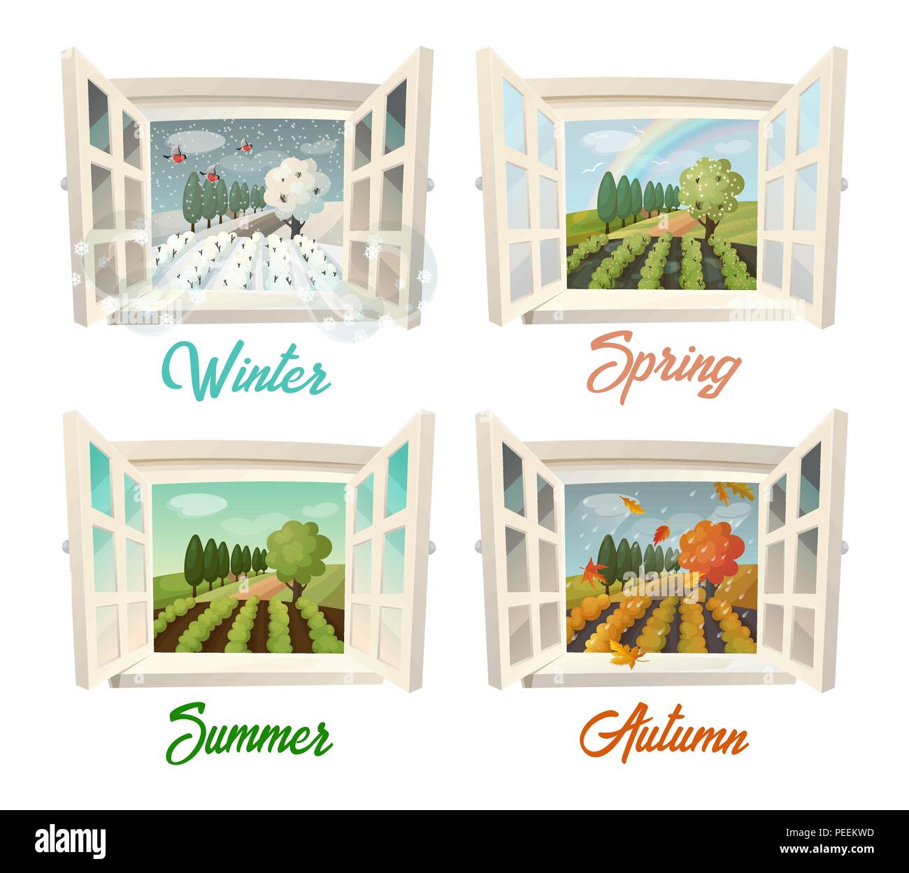 Set di finestra isolato paesaggio di campagna in diverse stagioni. In estate e in inverno, primavera e autunno vista esterna in giardino e orizzonte di campo. Villaggio e ranch, il tema dell'ambiente Illustrazione Vettoriale
