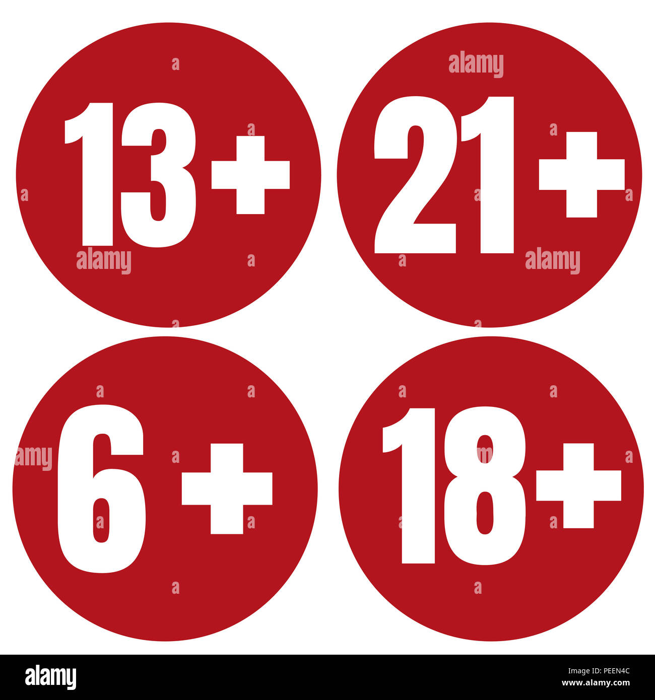 Età limite icona su sfondo rosso. Le icone del limite di età da sei a venti-uno, piatta illustrazione. Foto Stock