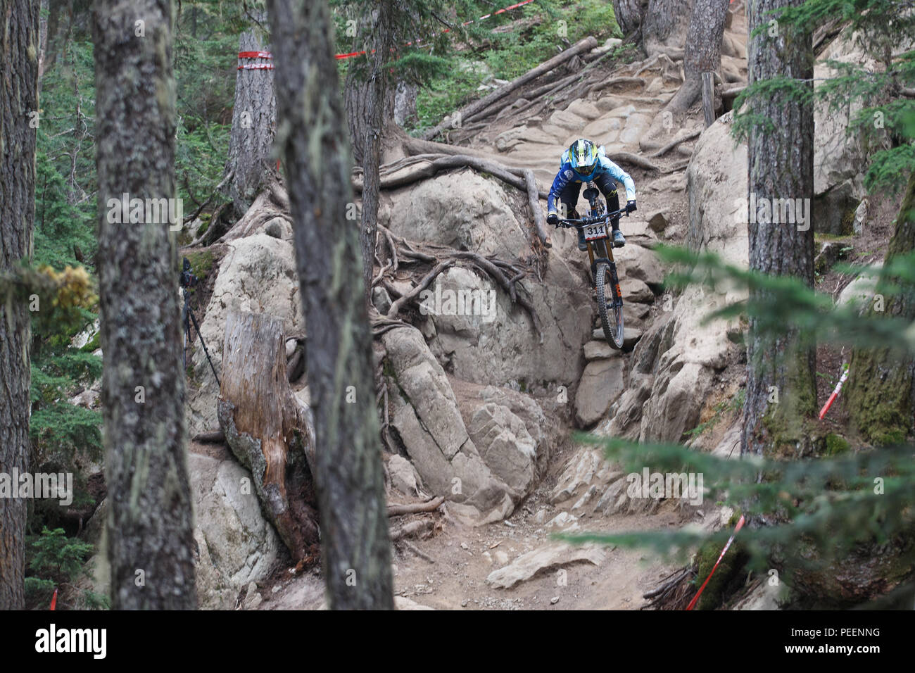 Noga Korem (ISR) racing al Crankworx Garbanzo DH evento, Whistler, BC, Canada. Agosto 14, 2018. Foto Stock