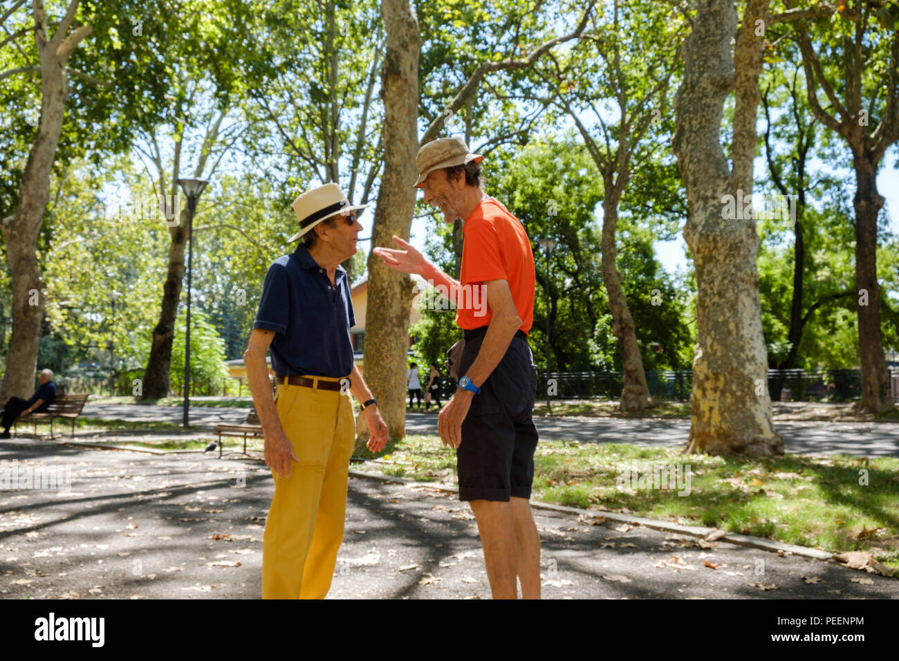 Uomini italiani vestiti con colori, con cappelli di paglia che si incontrano e si salutano l'un l'altro in una mattinata estiva in un parco alberato. Piacenza, Italia. Foto Stock
